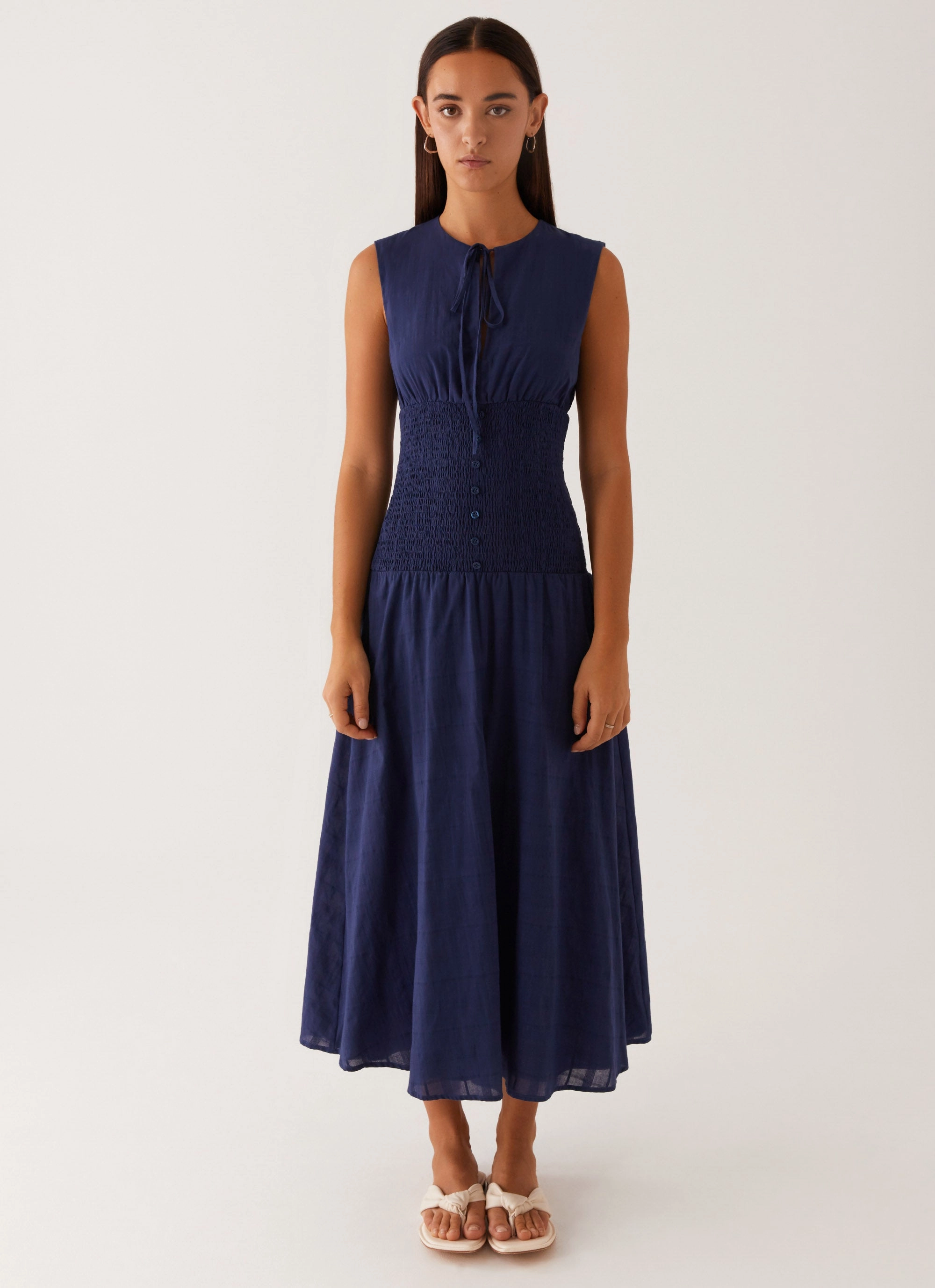 Perfect Wear Belle Shirred Waist Midi Dress - Navy