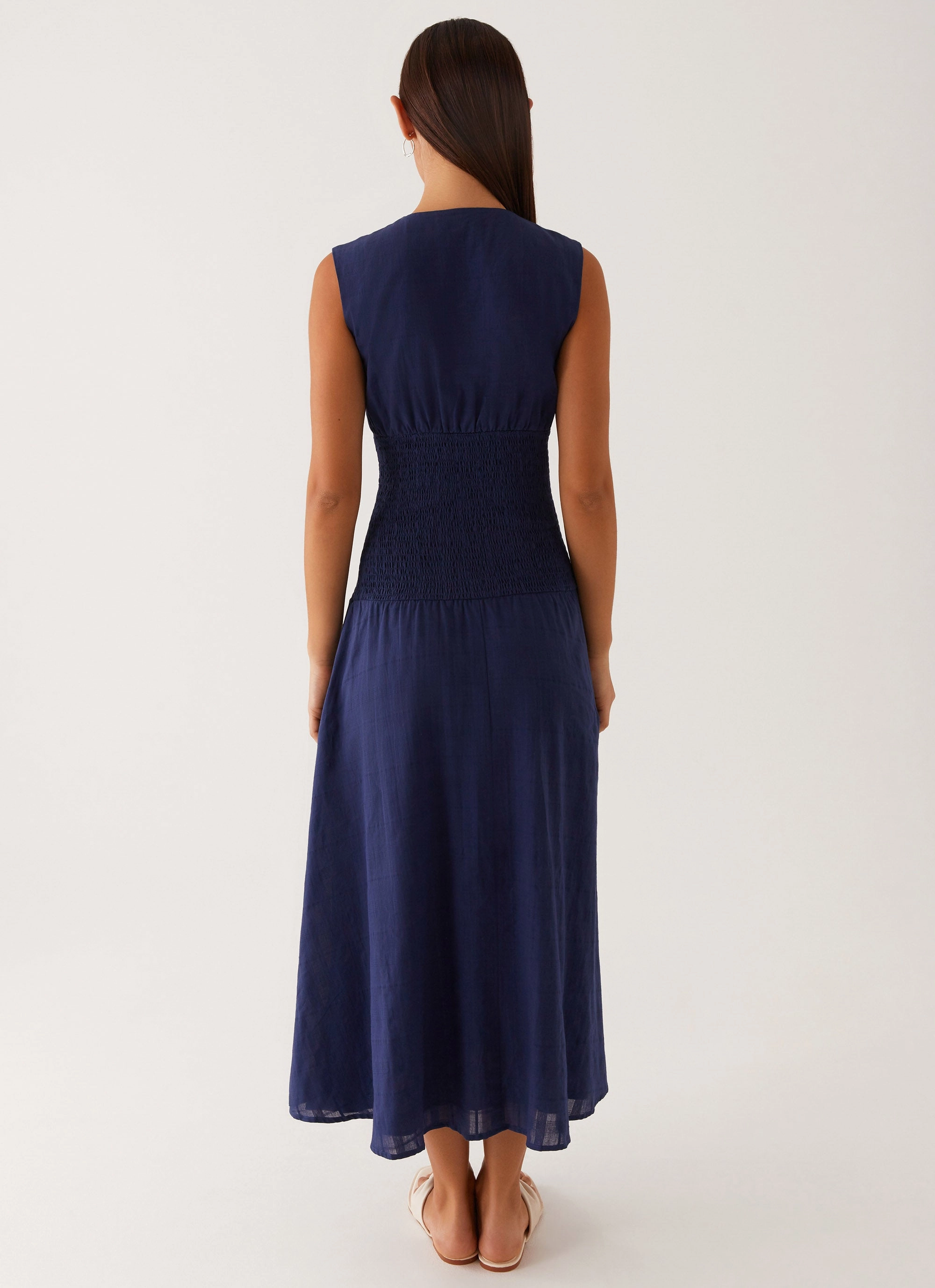 Belle Shirred Waist Midi Dress - Navy Flare Hem