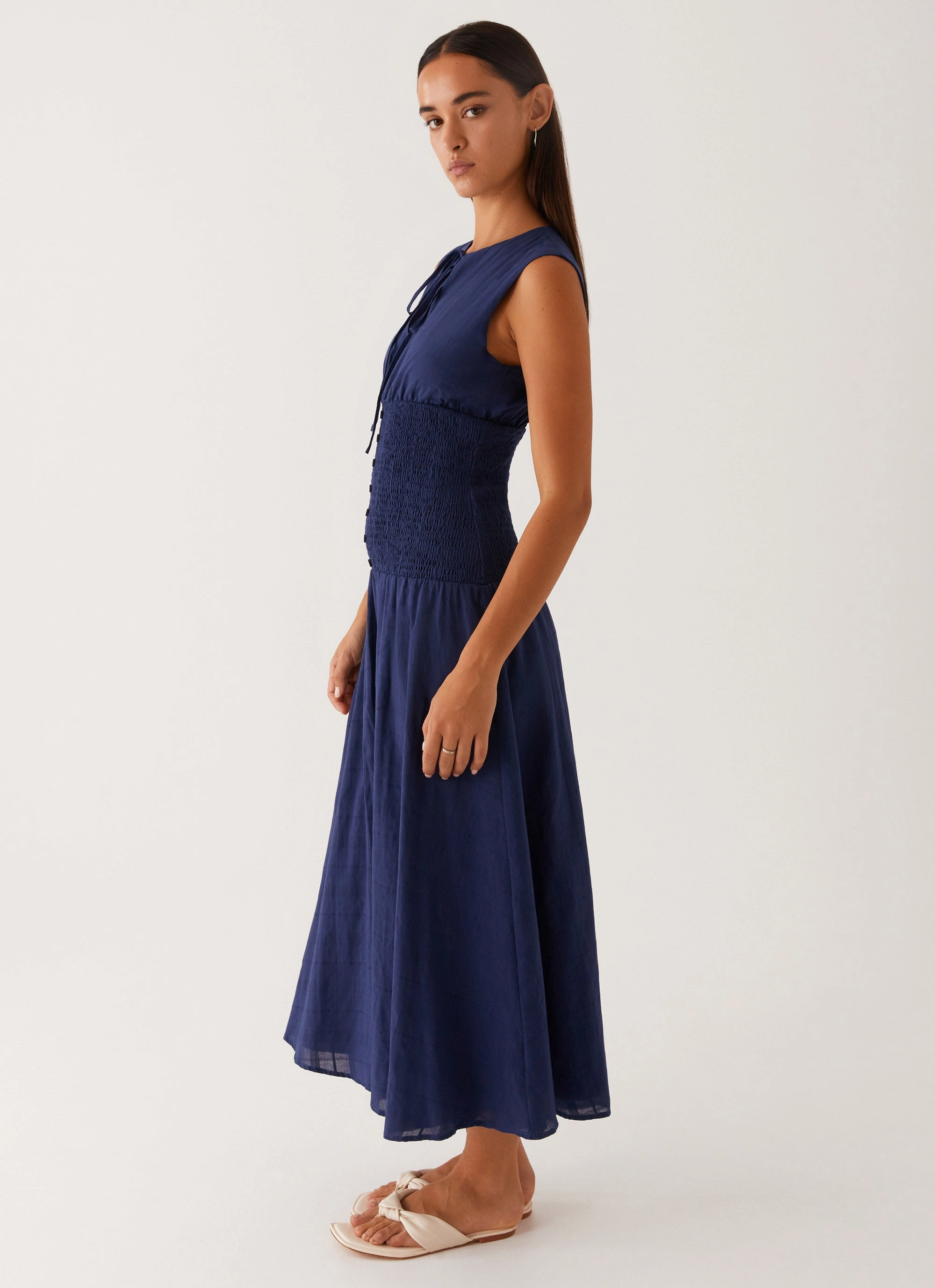 Belle Shirred Waist Midi Dress - Navy Timeless elegance Texture Blend
