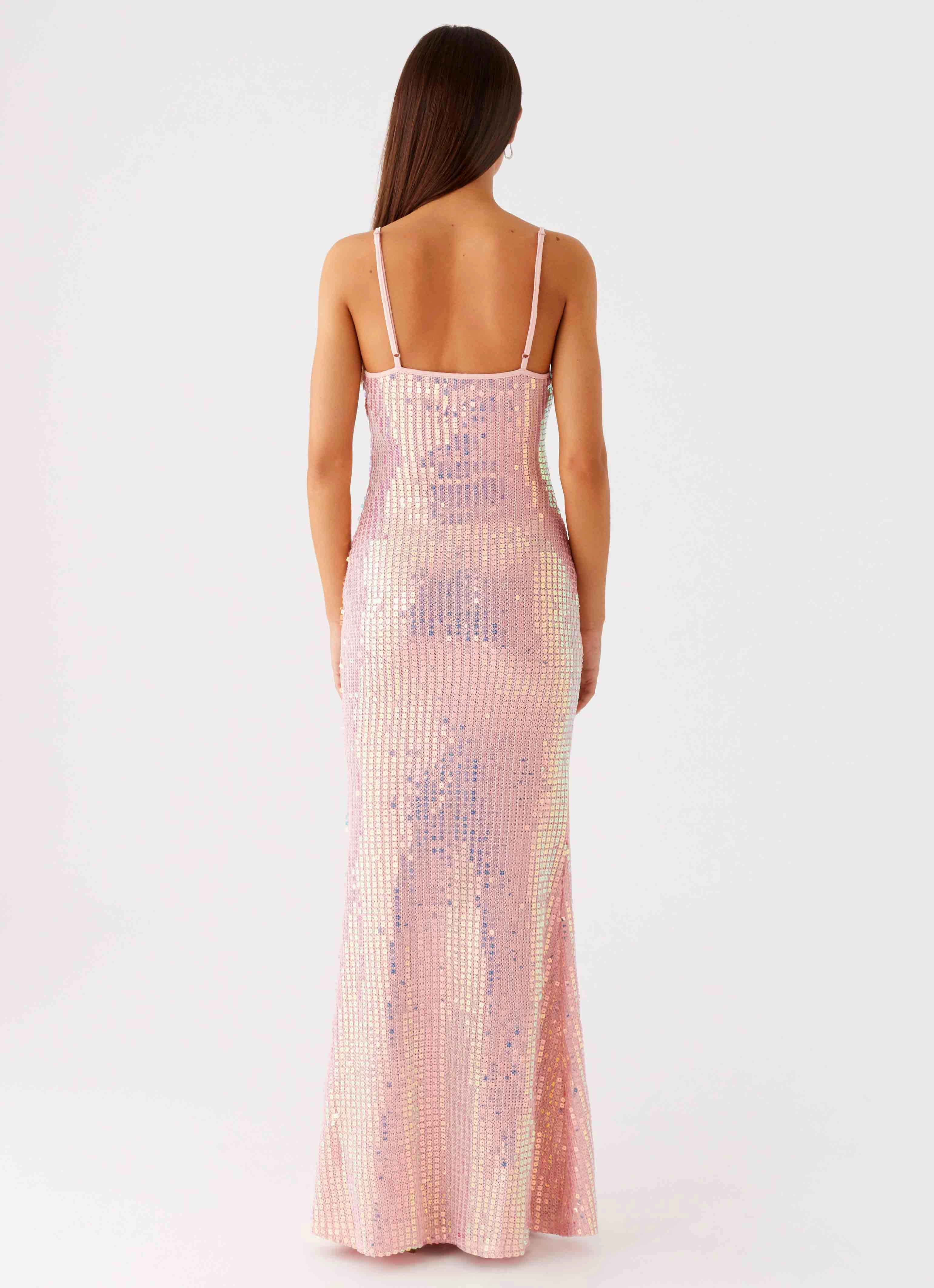All Season Evening Chic Attitude Knit Sequin Maxi Dress - Iridescent Pink