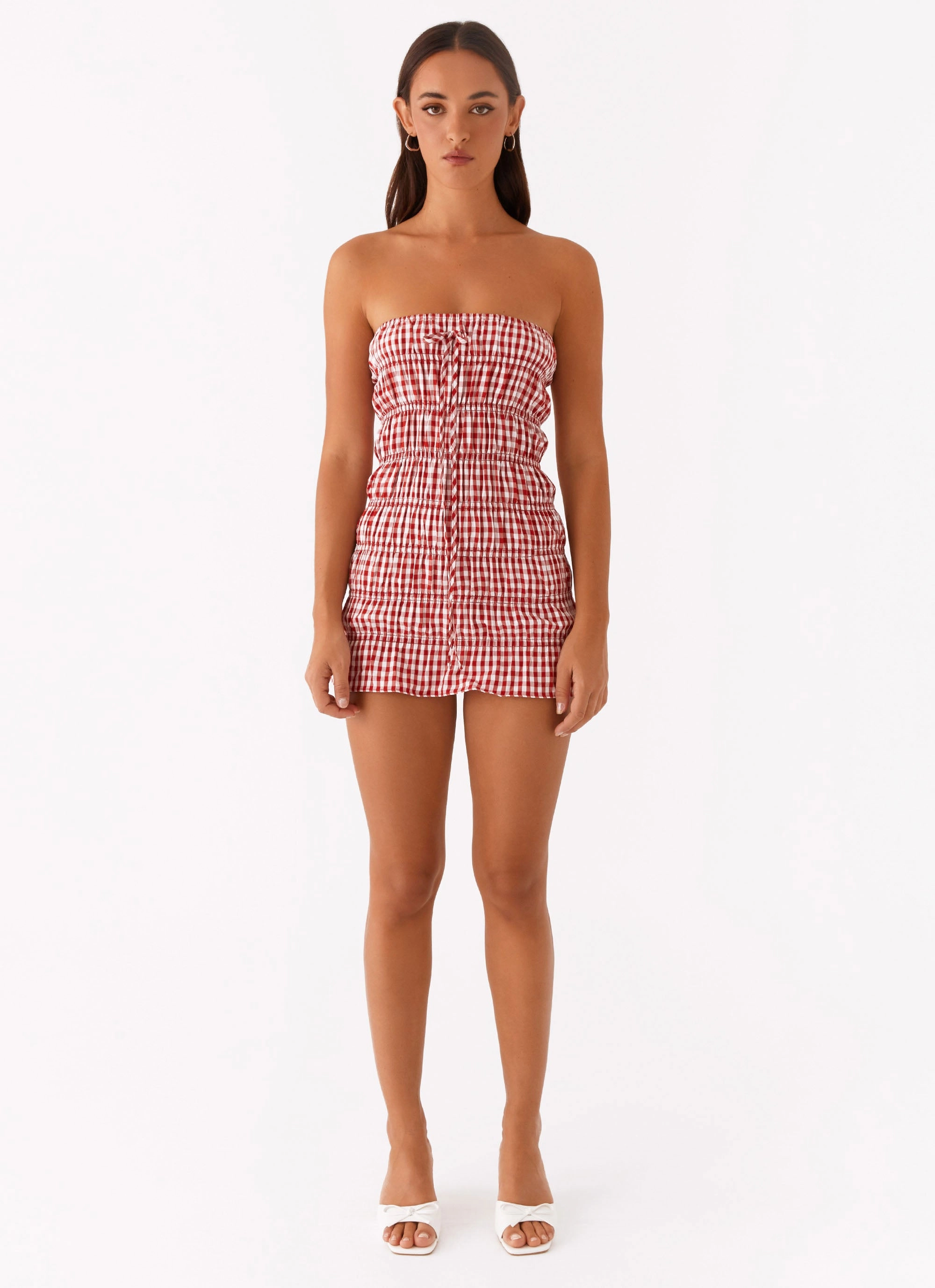 Smart Comfort Metallic Finish Adele Mini Dress - Red Gingham