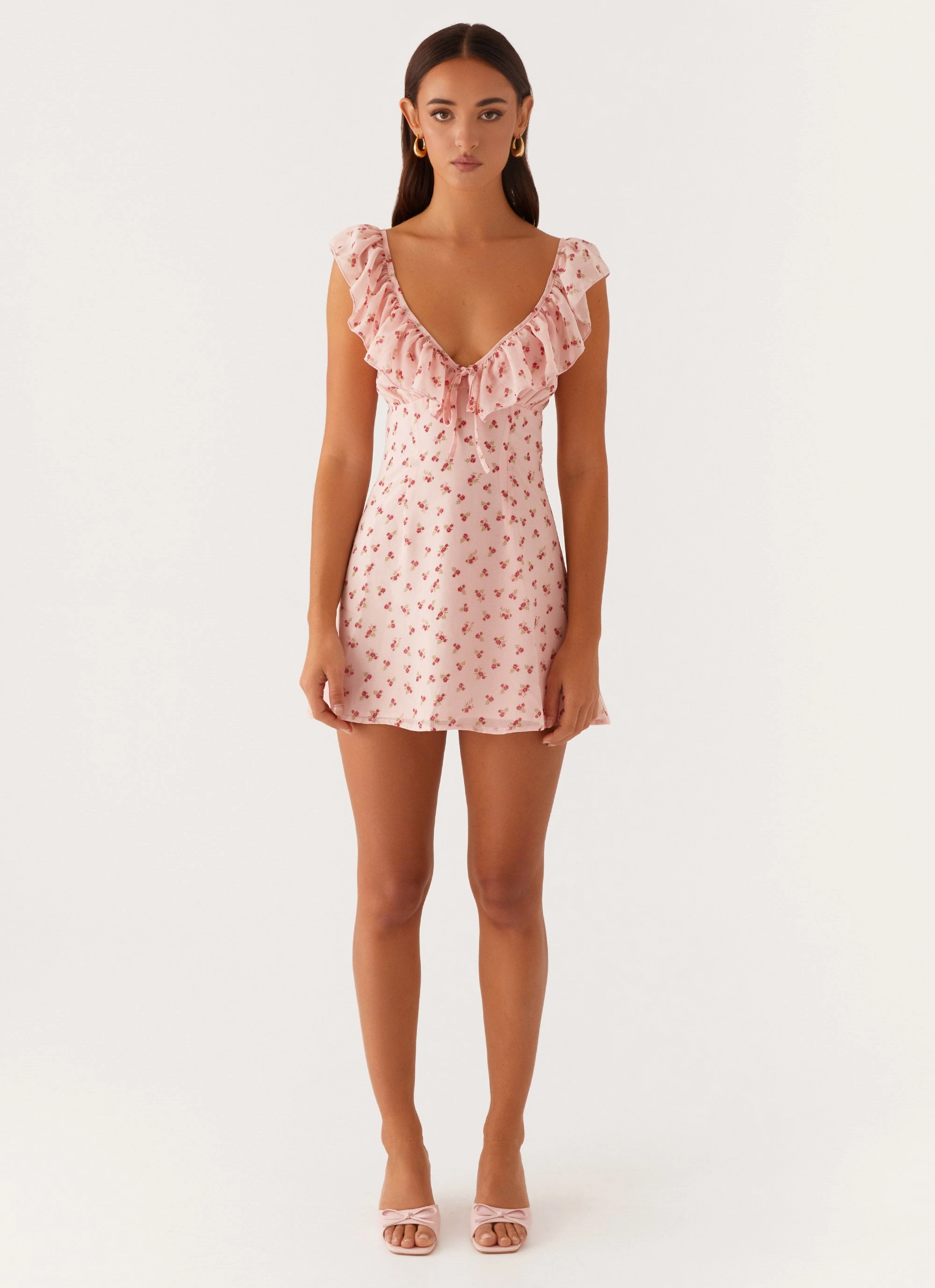 Adrina Ruffle Mini Dress - Pink Flower Timeless Cut