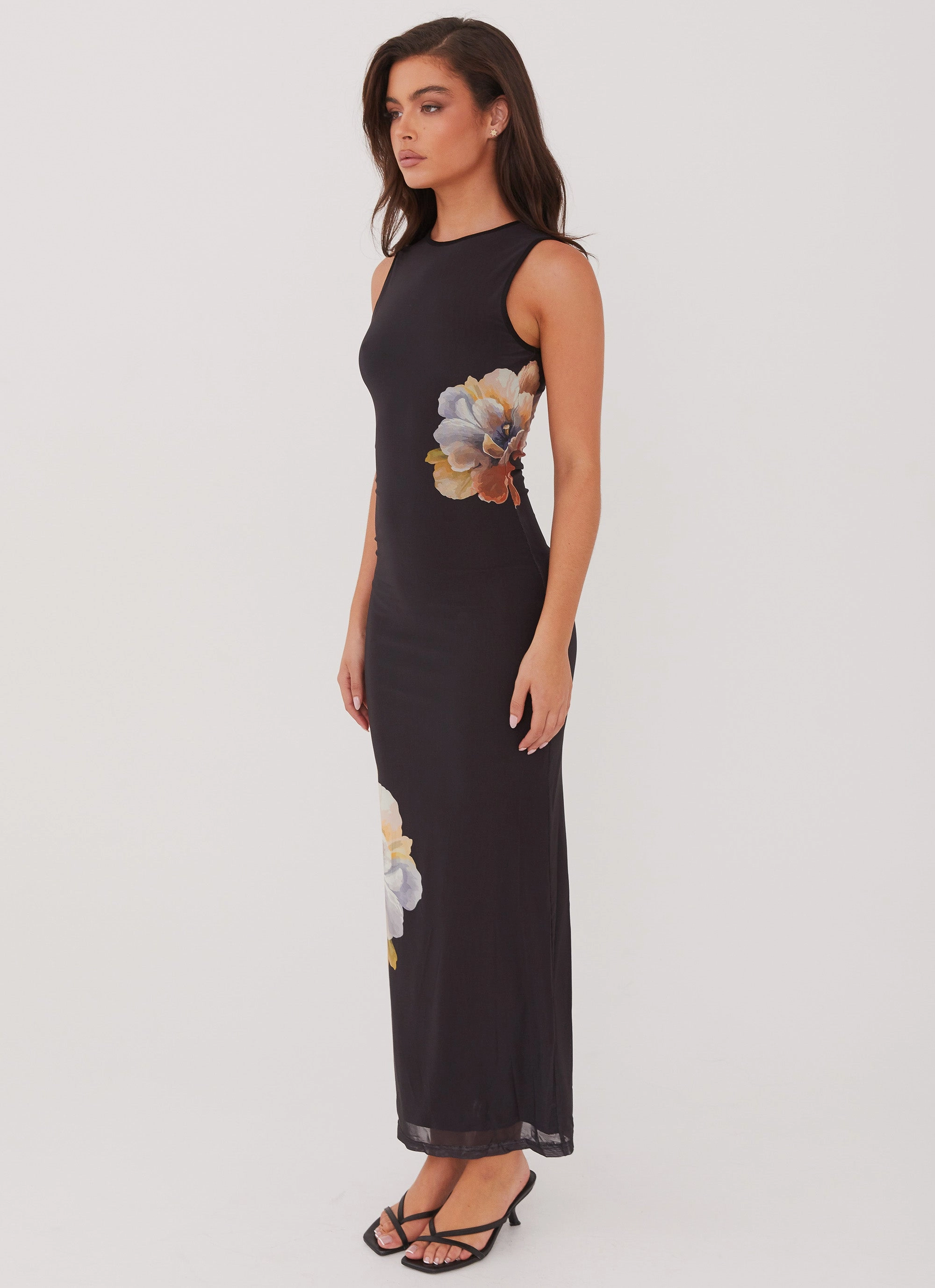 Side Effects Mesh Maxi Dress - Black Orchid Day Outfit Happy Fit