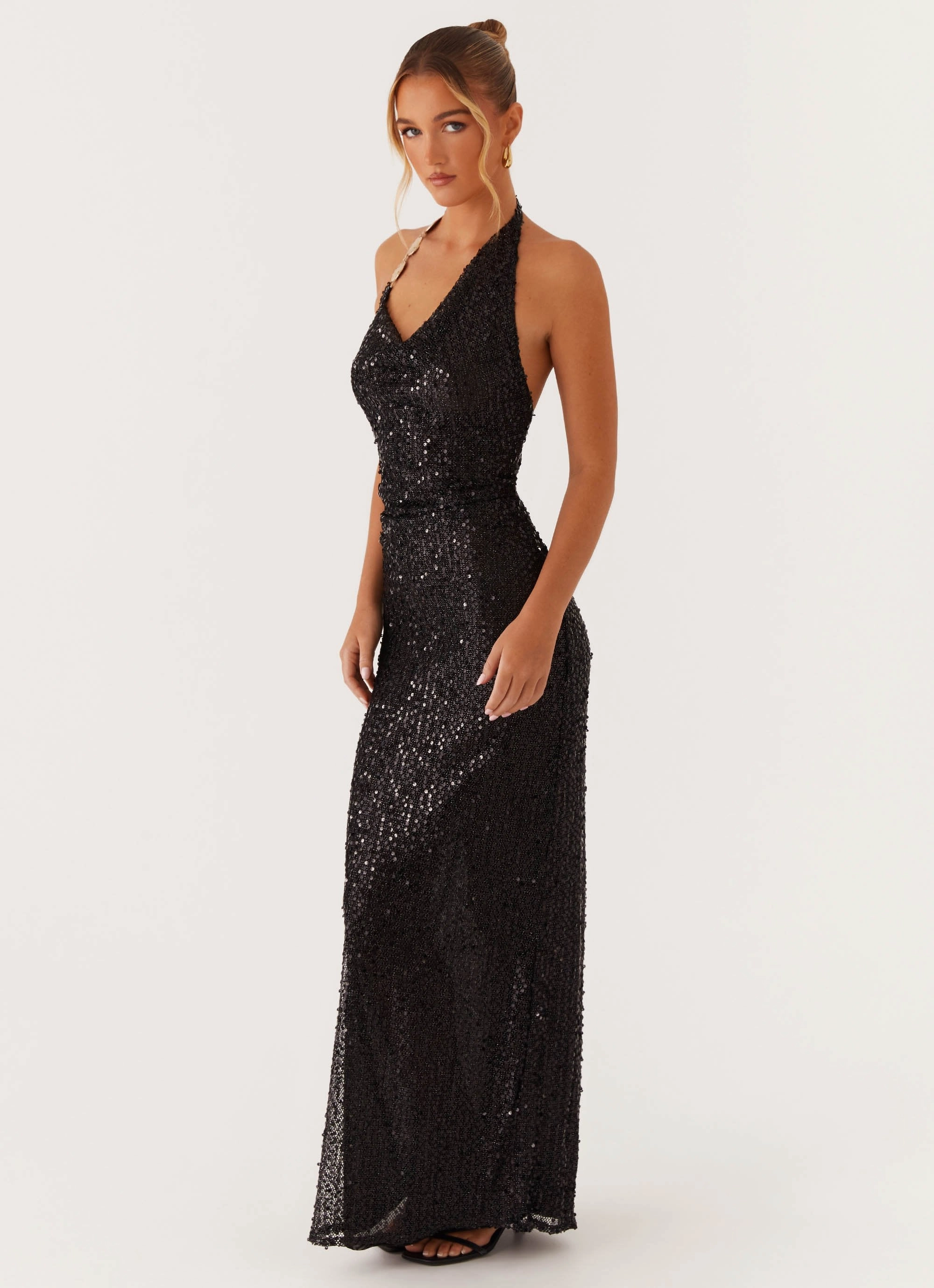 Fashionable Design Office Fit After Tonight Sequin Cowl Neck Maxi Dress - Black