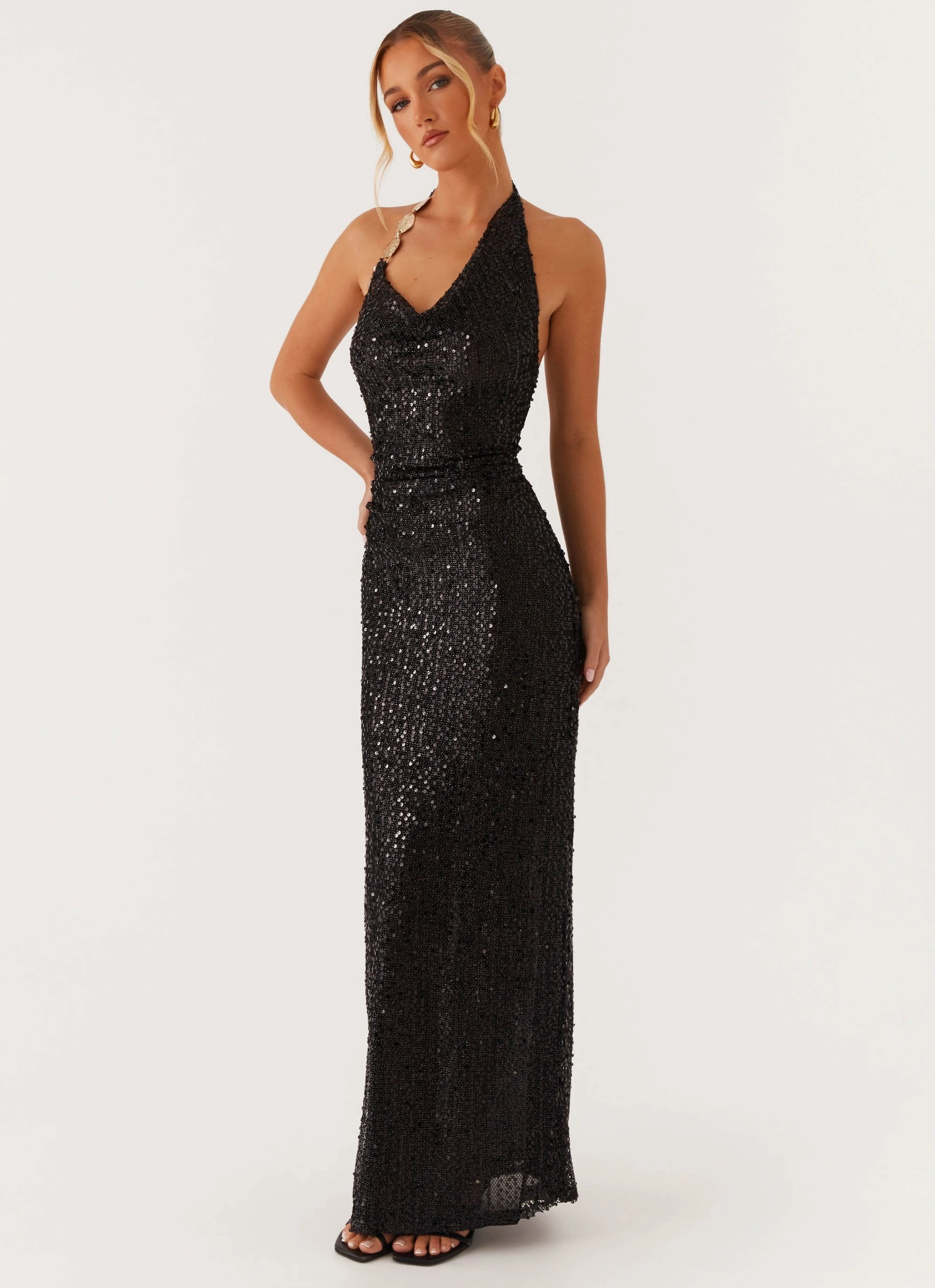 After Tonight Sequin Cowl Neck Maxi Dress - Black Relax Tones
