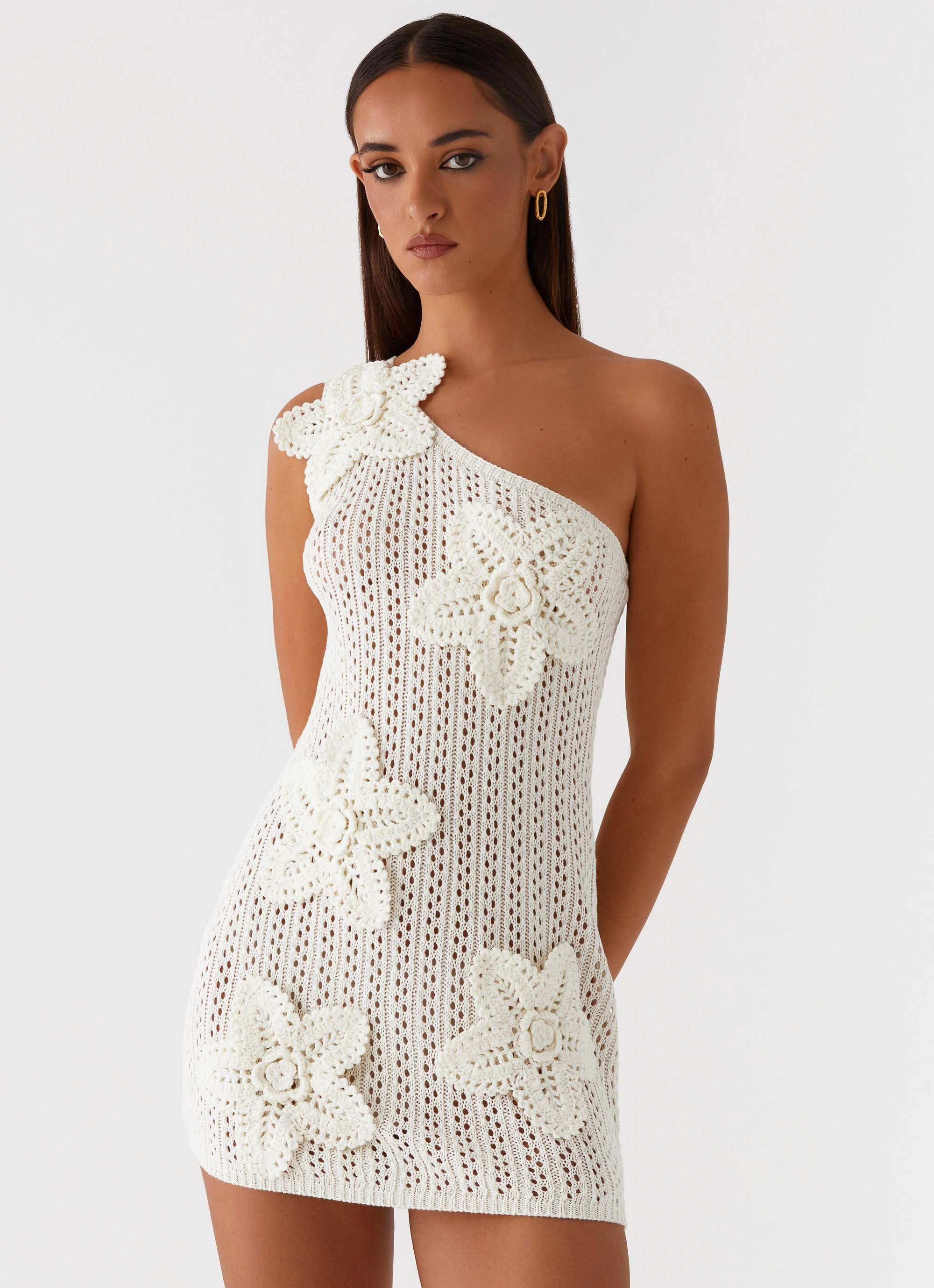 Wedding guest Afterglow One Shoulder Crochet Mini Dress - Ivory