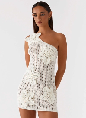 Wedding guest Afterglow One Shoulder Crochet Mini Dress - Ivory