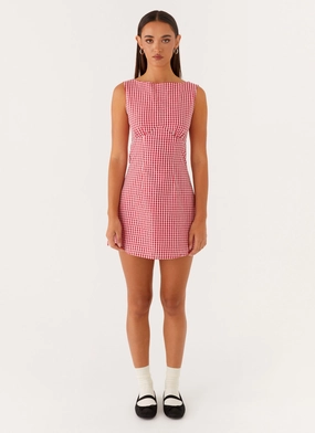 Lotus Tie Back Mini Dress - Red Gingham Feminine Cut