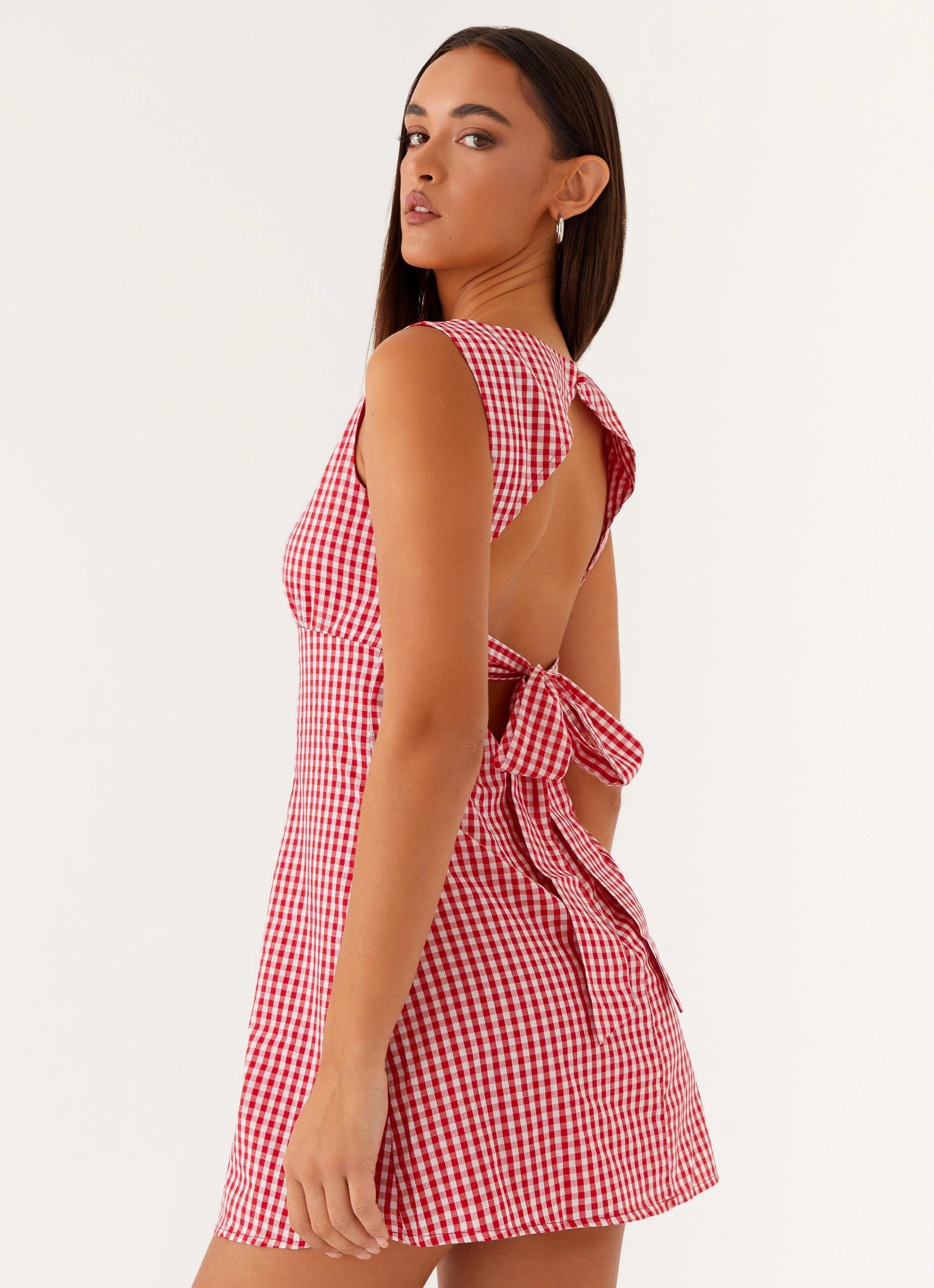 Lotus Tie Back Mini Dress - Red Gingham Soft Touch