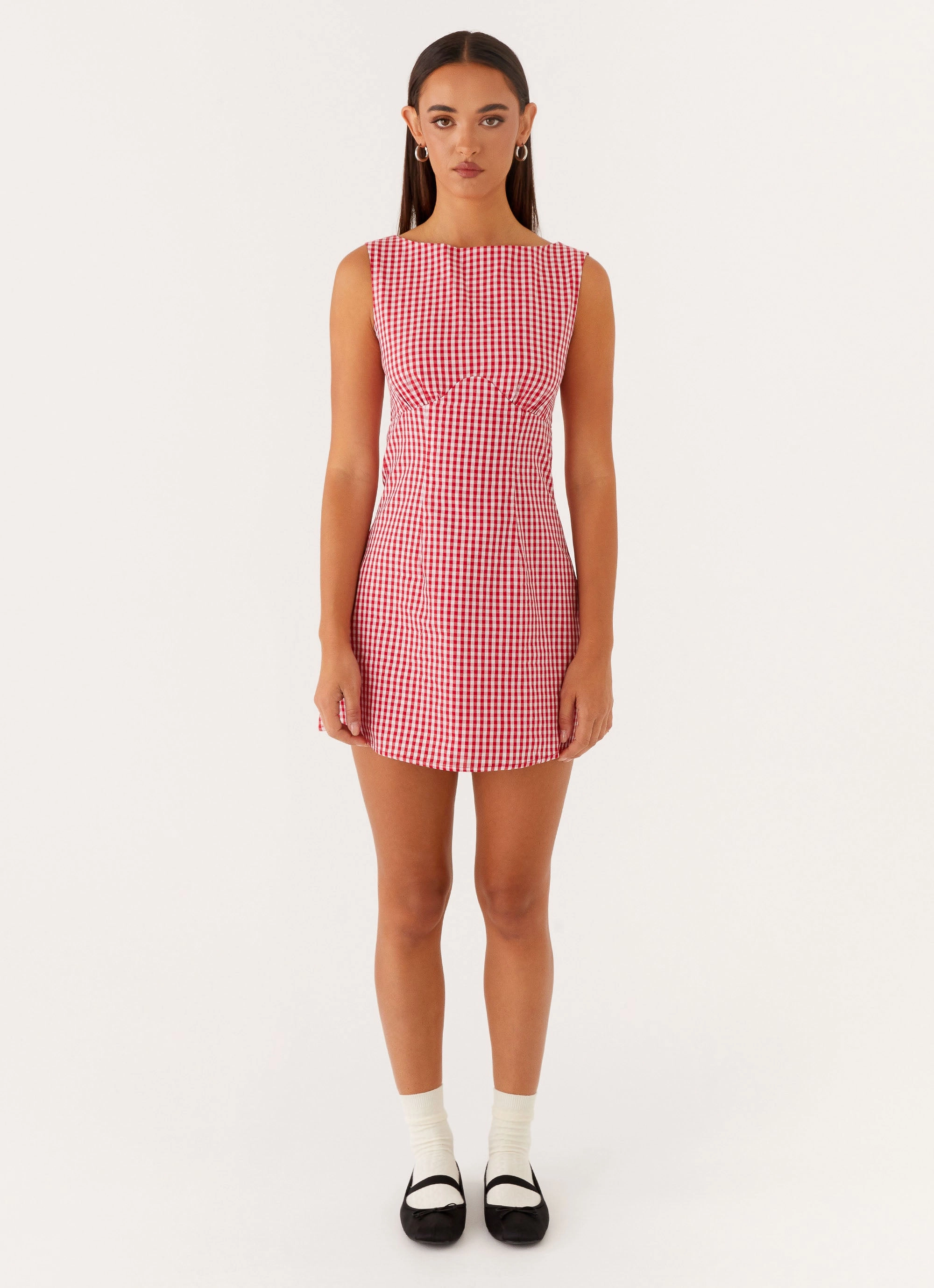 Lotus Tie Back Mini Dress - Red Gingham Feminine Cut