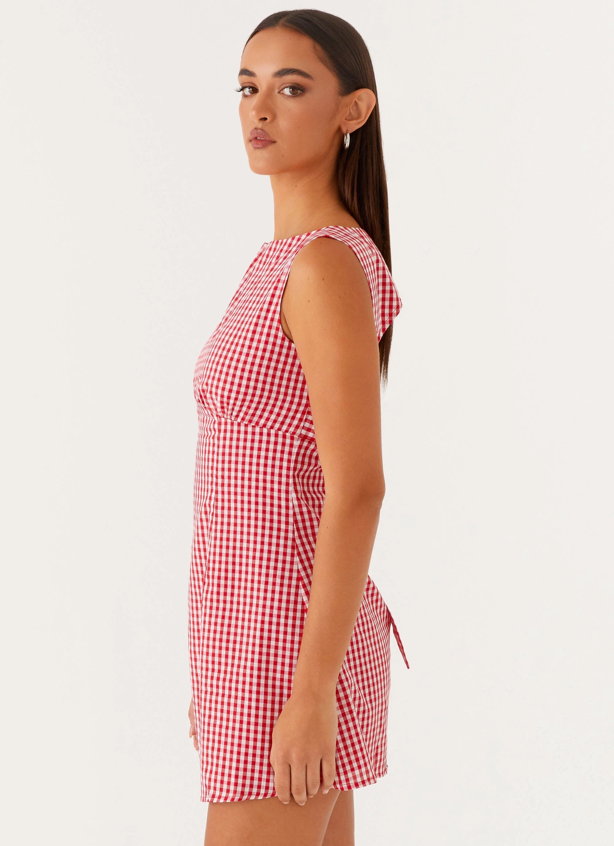 Shine Skin Semi Casual Lotus Tie Back Mini Dress - Red Gingham