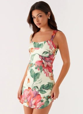 Odette Satin Mini Dress - Yellow Floral Embroidered-Detail