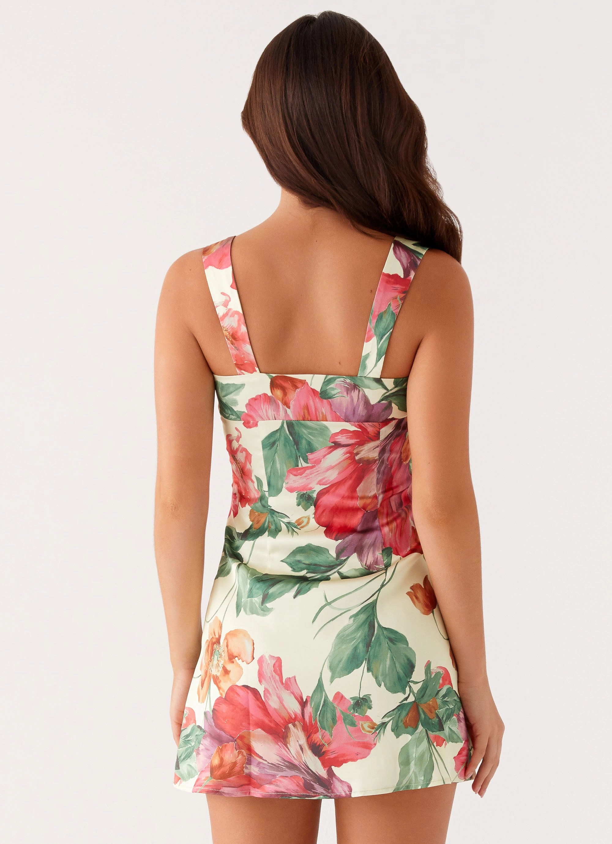 Graduation-Event Drawstring-Closure Odette Satin Mini Dress - Yellow Floral