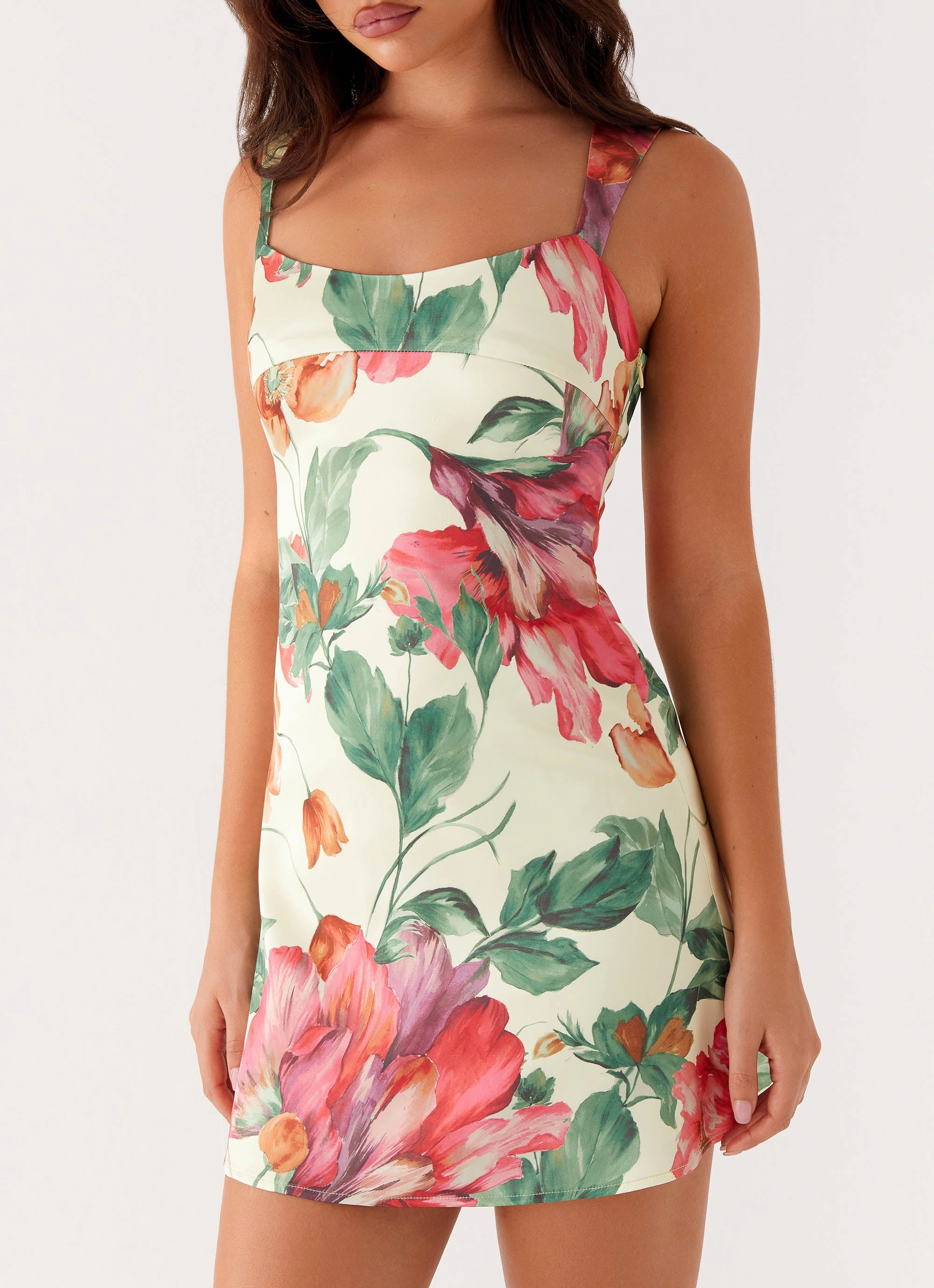 Style Upgrade Airy Base Odette Satin Mini Dress - Yellow Floral