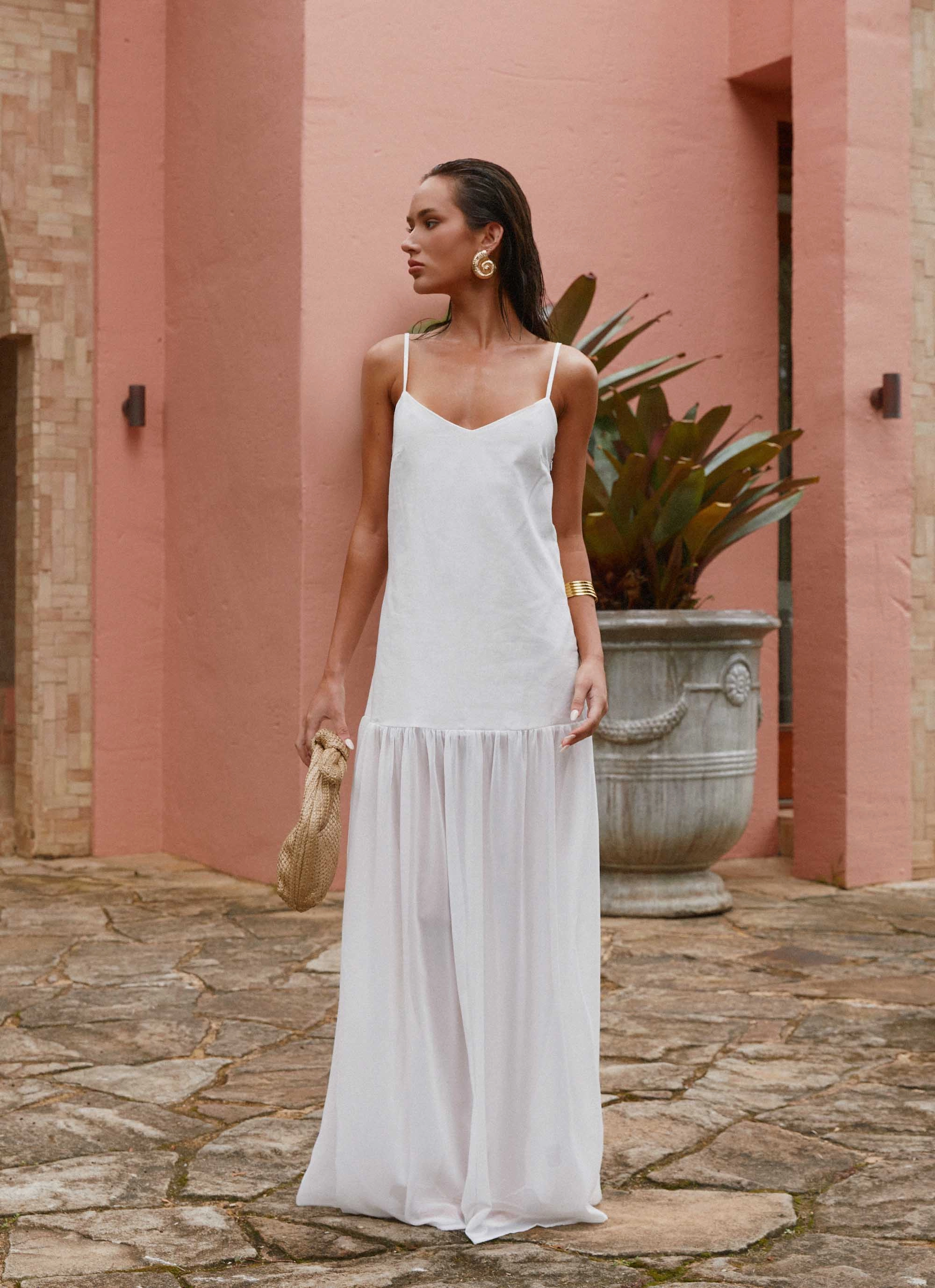 ContrastStitching Fall Silhouette Heavenly Linen Maxi Dress - White