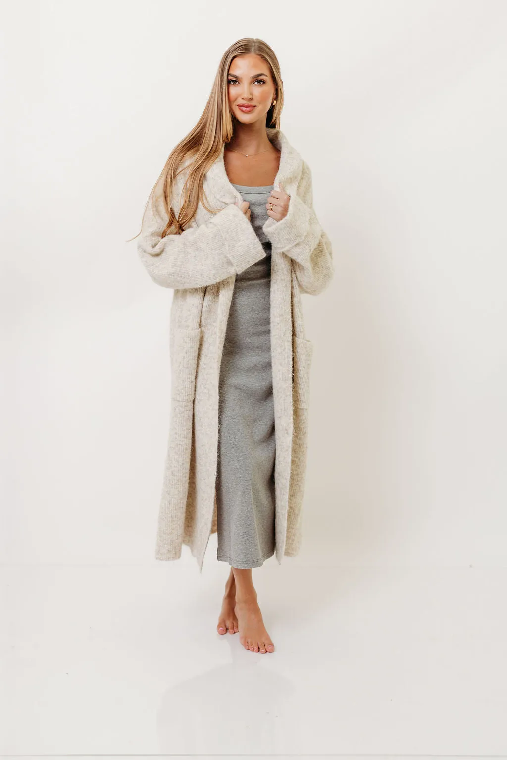 Smooth Seam DoubleLayered Collar Amina Ribbed Knit Long Cardigan Jacket in Light Taupe