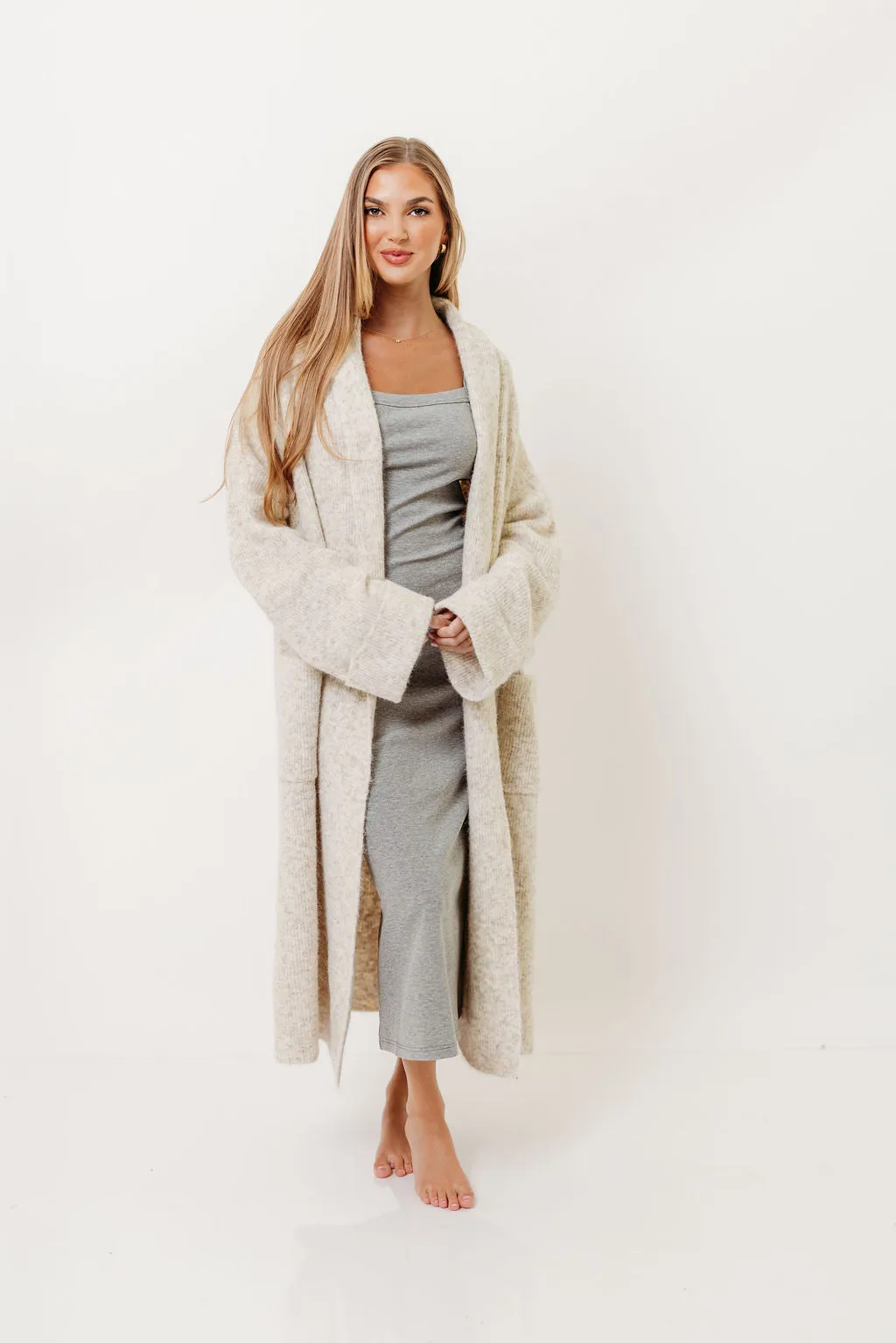 Amina Ribbed Knit Long Cardigan Jacket in Light Taupe Durable Edge Binding QuickDry Fibers