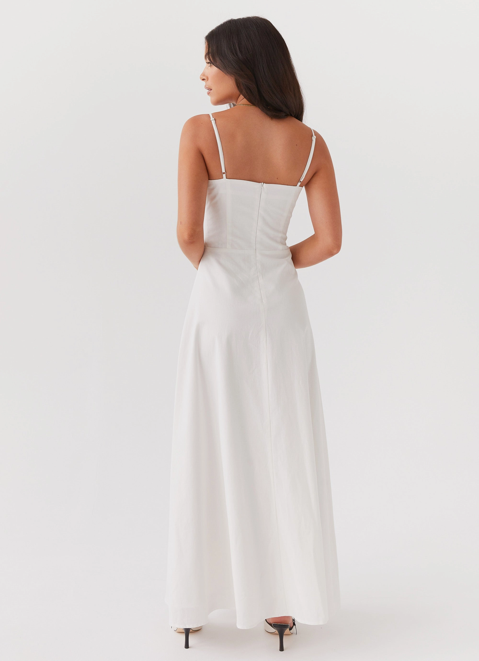 Glossy-Finish Flexible Design Angelina Linen Maxi Dress - White