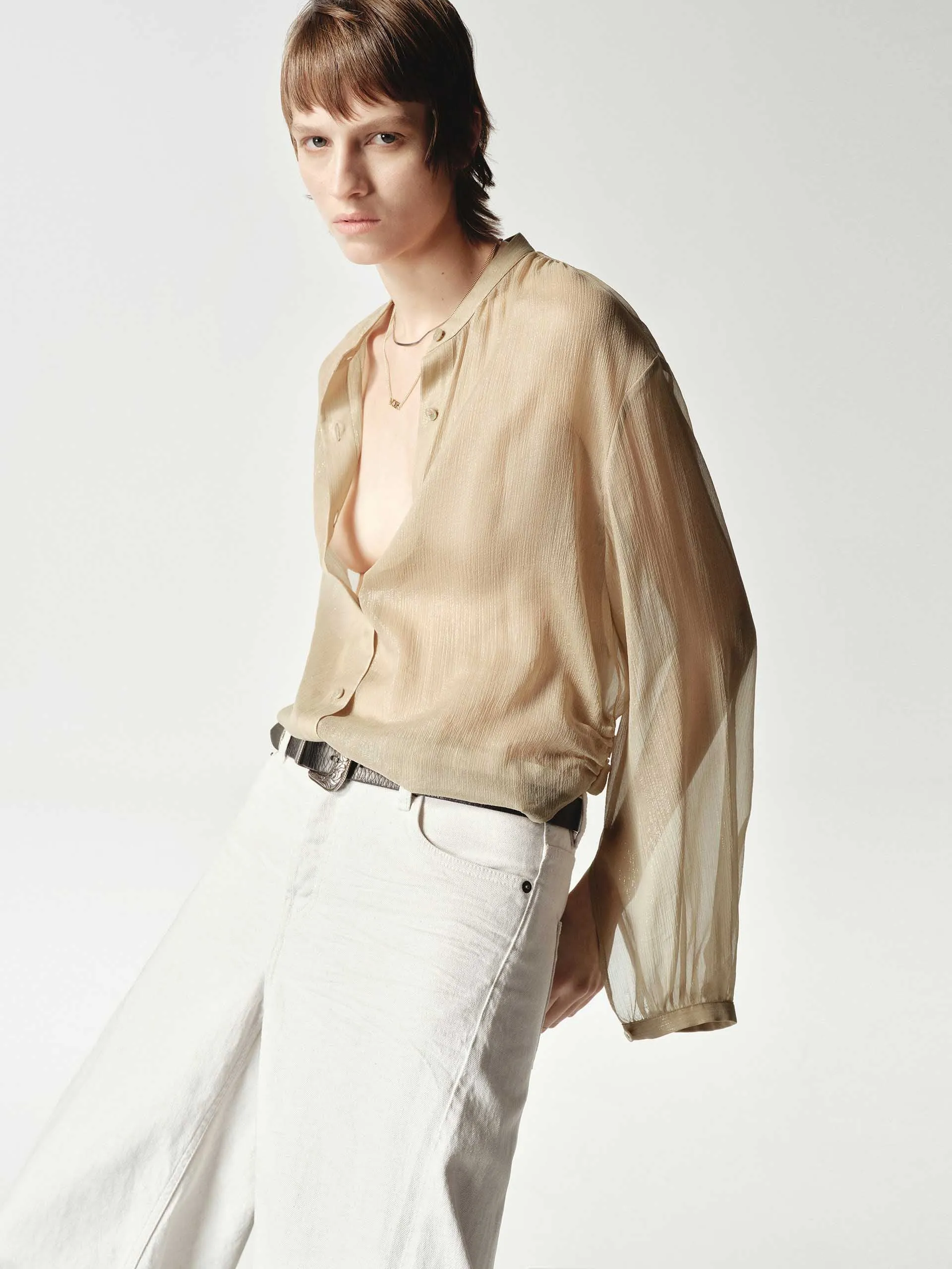 Silk Blend Sheer Tie Blouse Quick Release Placket