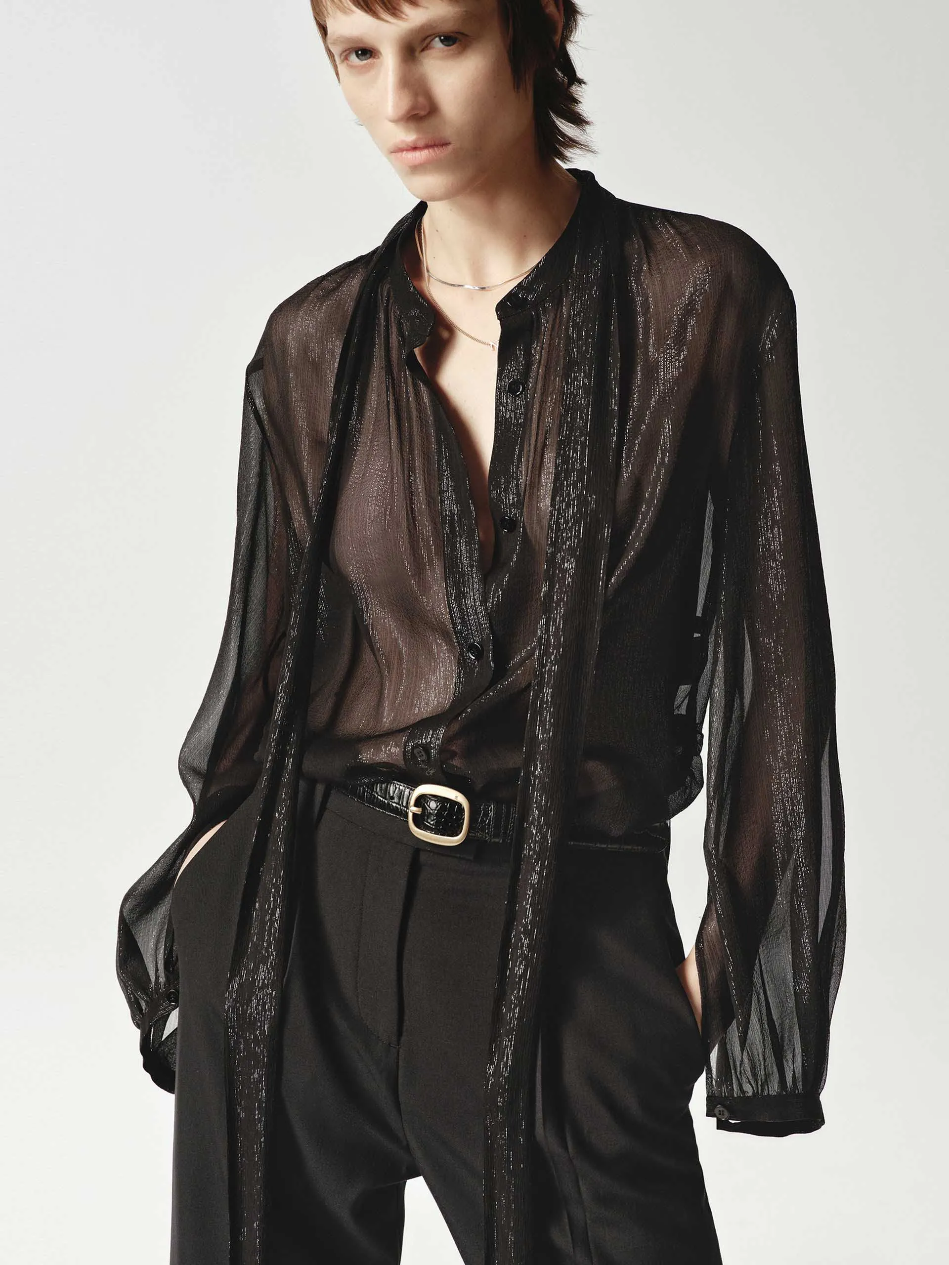 Silk Blend Sheer Tie Blouse Fitted Shape Ruffle Edge