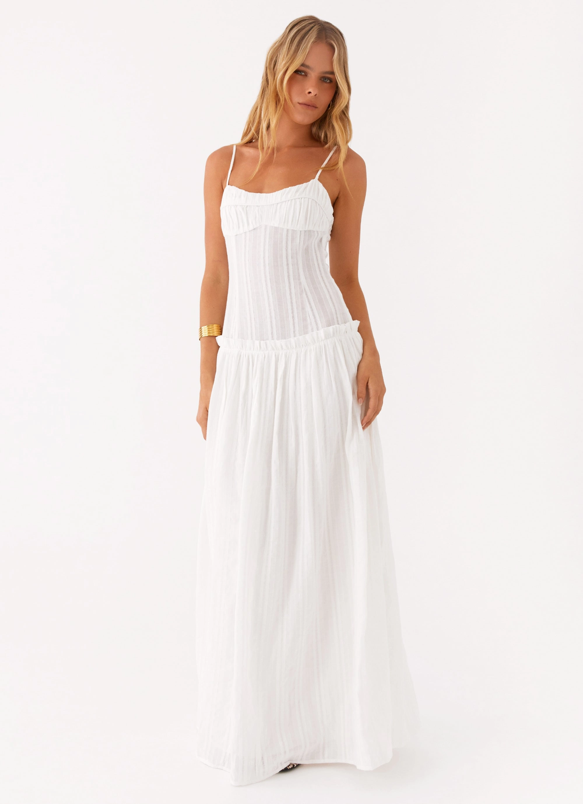 Jacinda Drop Waist Maxi Dress - Ivory Ruffle-Detail