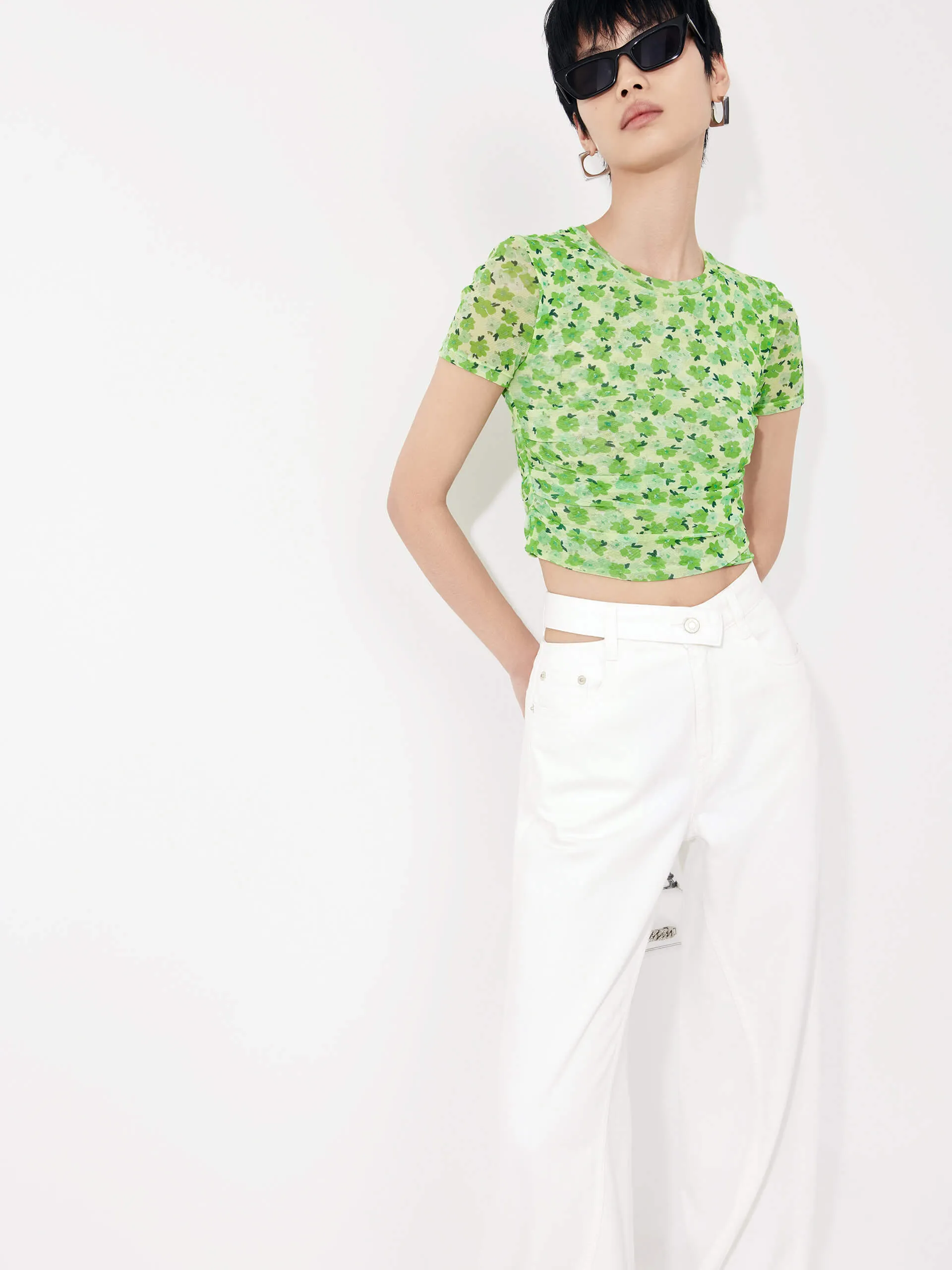 Customizable Design Floral Print Pleated Top