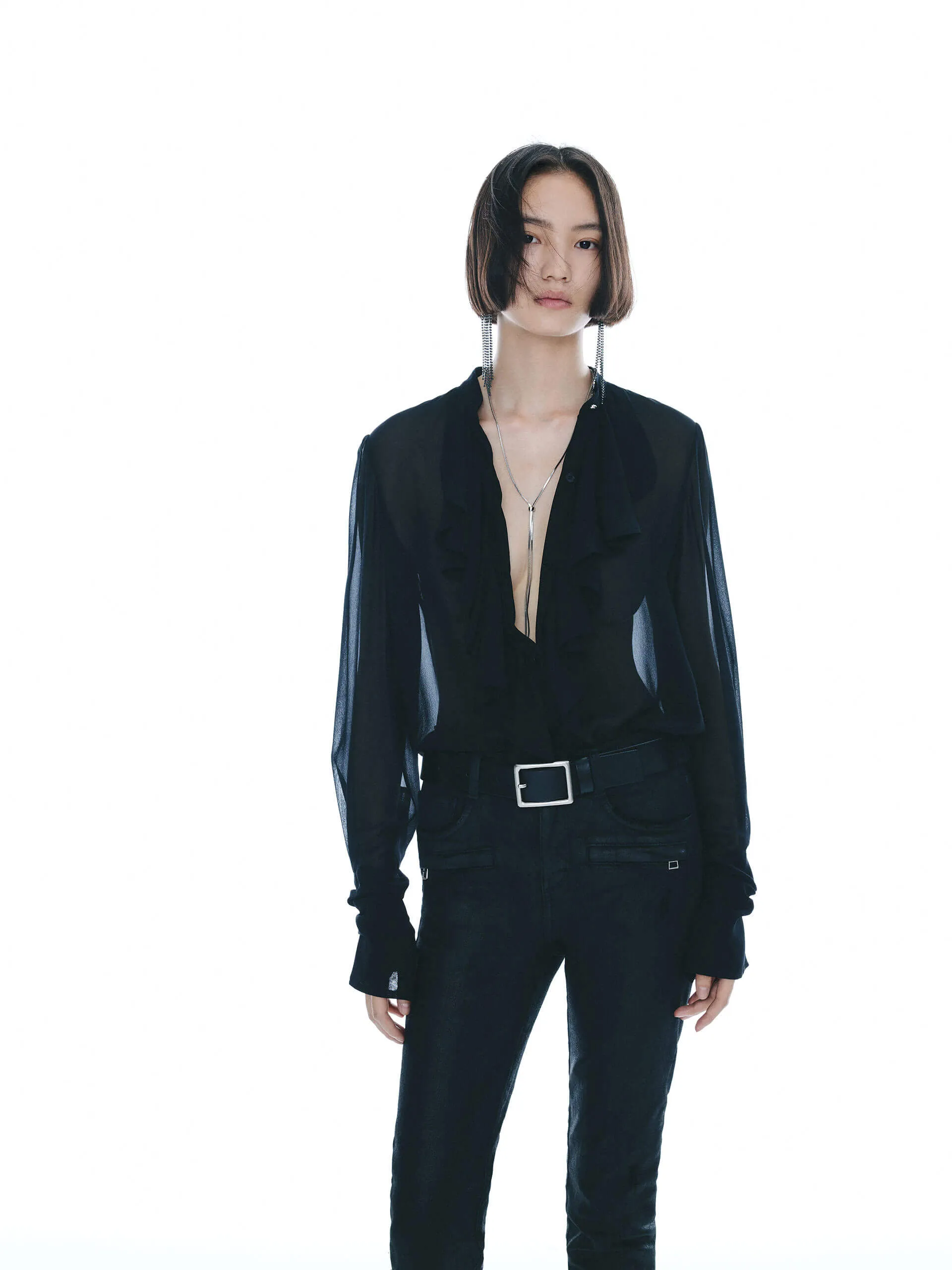 Silk Ruffles Detail Blouse Sleek Silhouette Year-Round Favorite