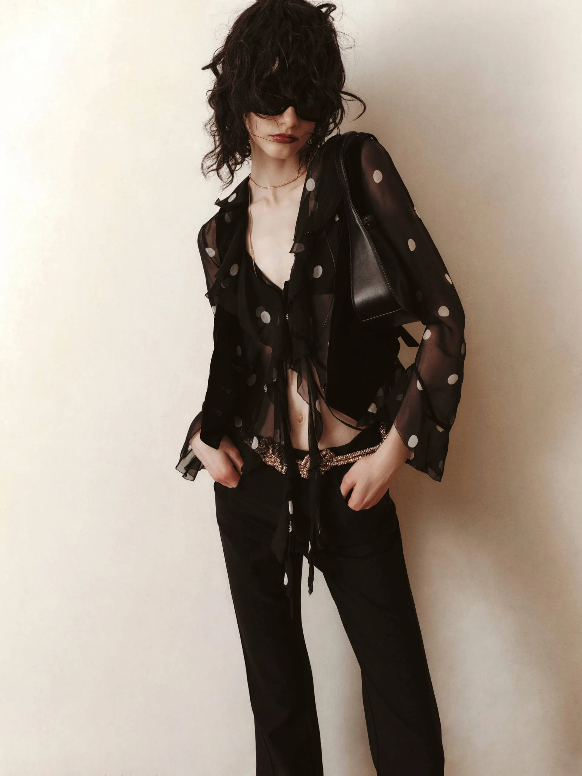 Tropical theme Ruffle Detail Sheer Shirt