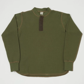Buzz Rickson's Long Sleeve Thermal Henley - Olive Eco Friendly Dyes Active Essentials