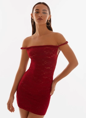 Euro Ease Arabella Lace Twist Shoulder Mini Dress - Red