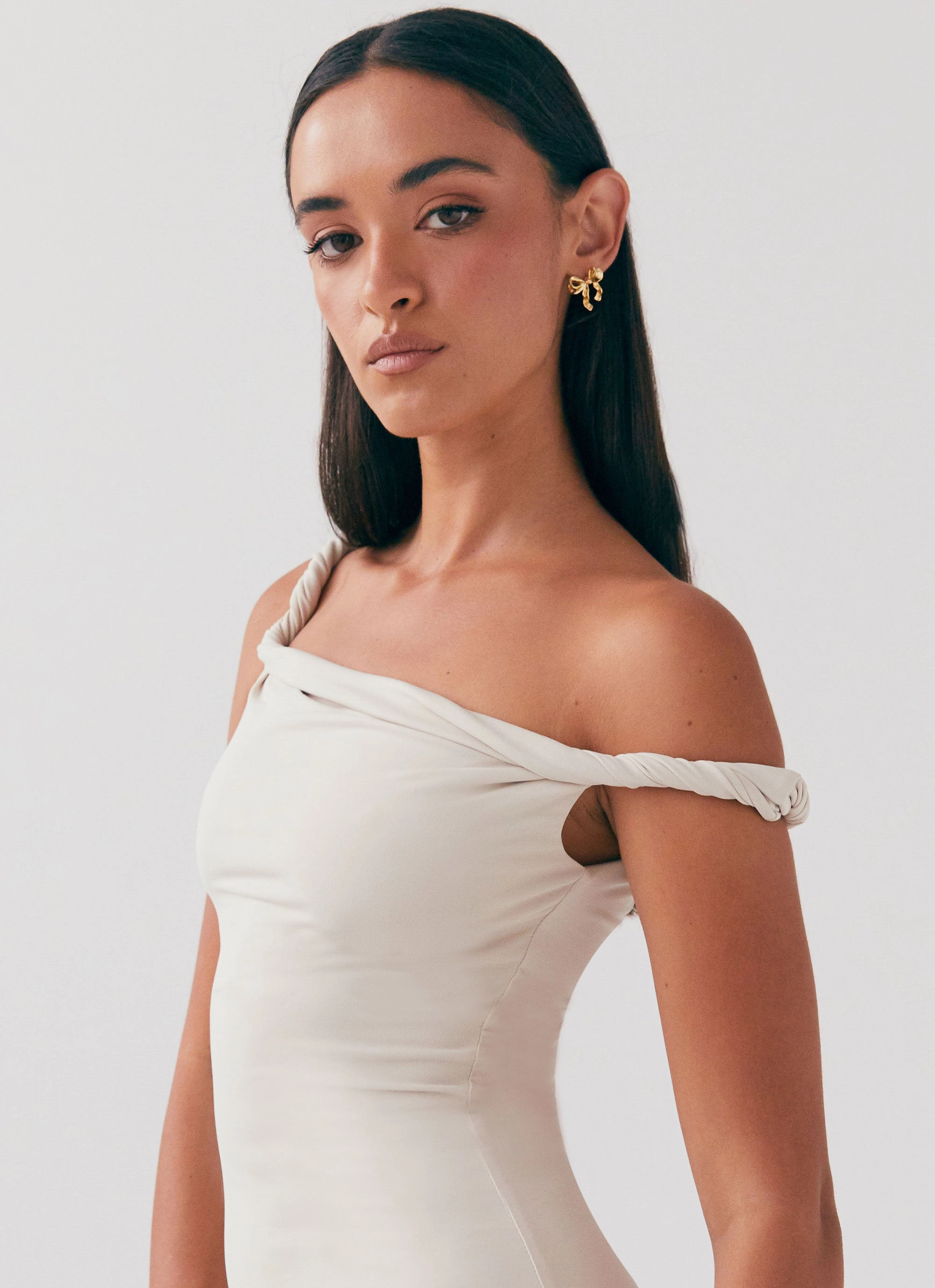 Fashionable Layers Trendy Appeal Arabella Twist Shoulder Maxi Dress - Beige