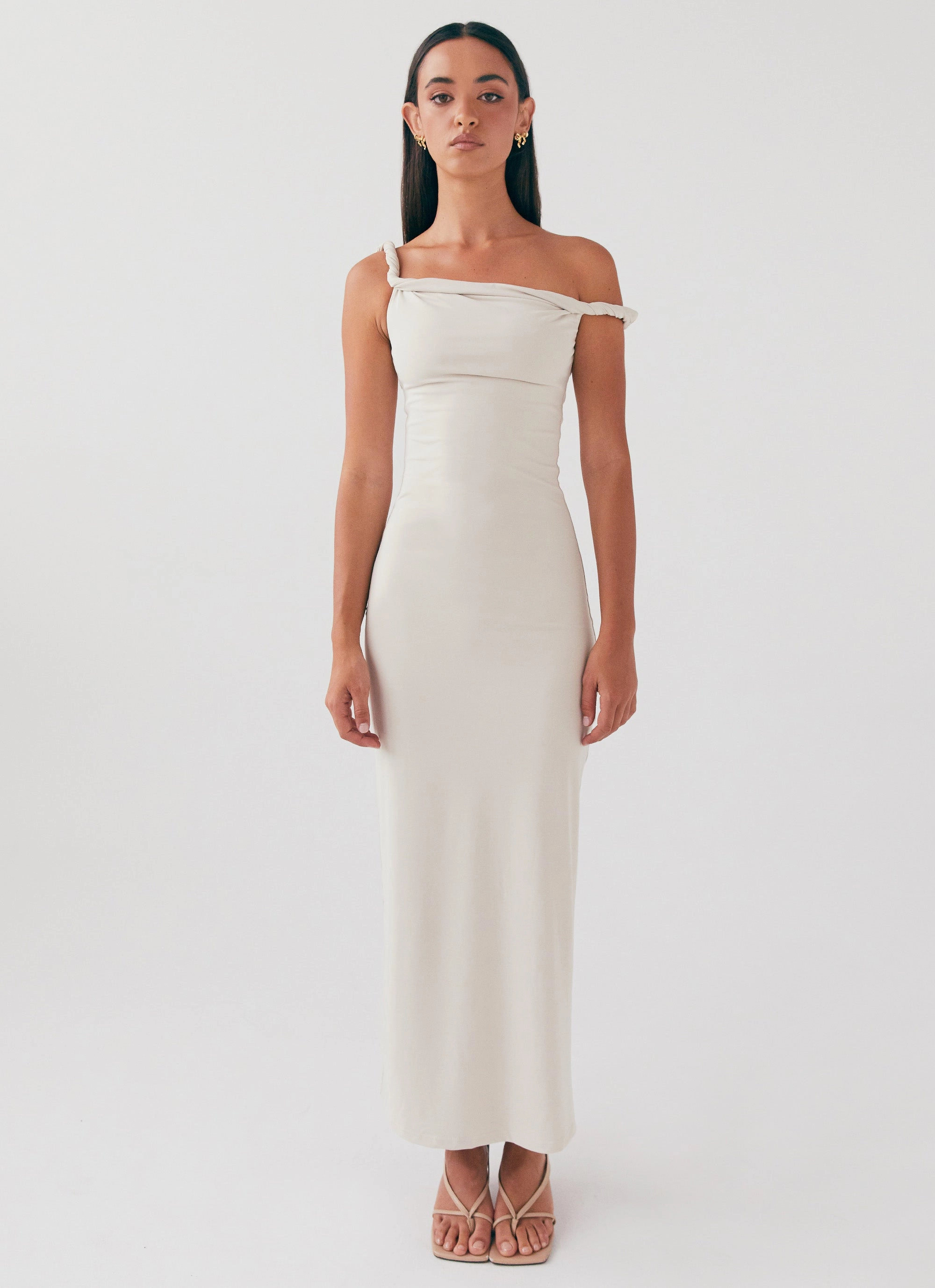 Arabella Twist Shoulder Maxi Dress - Beige Flow Line