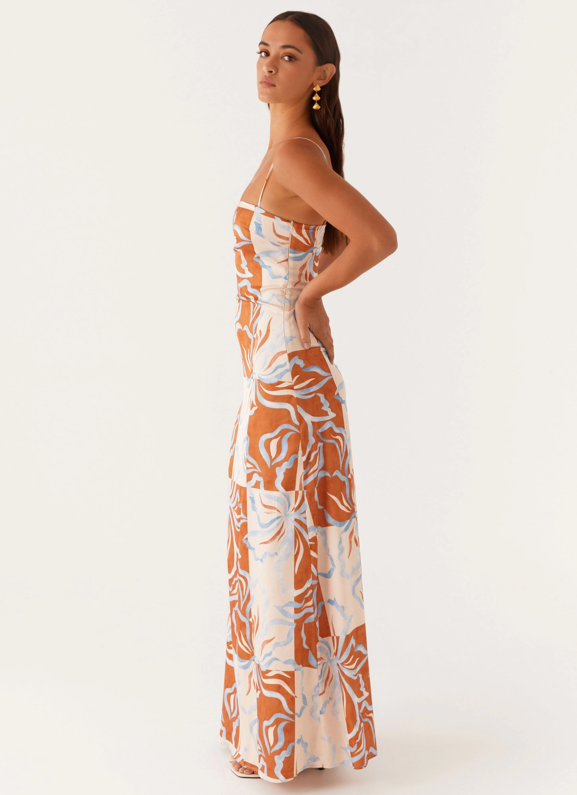 Vibrant Light Minimal Aesthetic Aster Bloom Maxi Dress - Orange Blue Floral