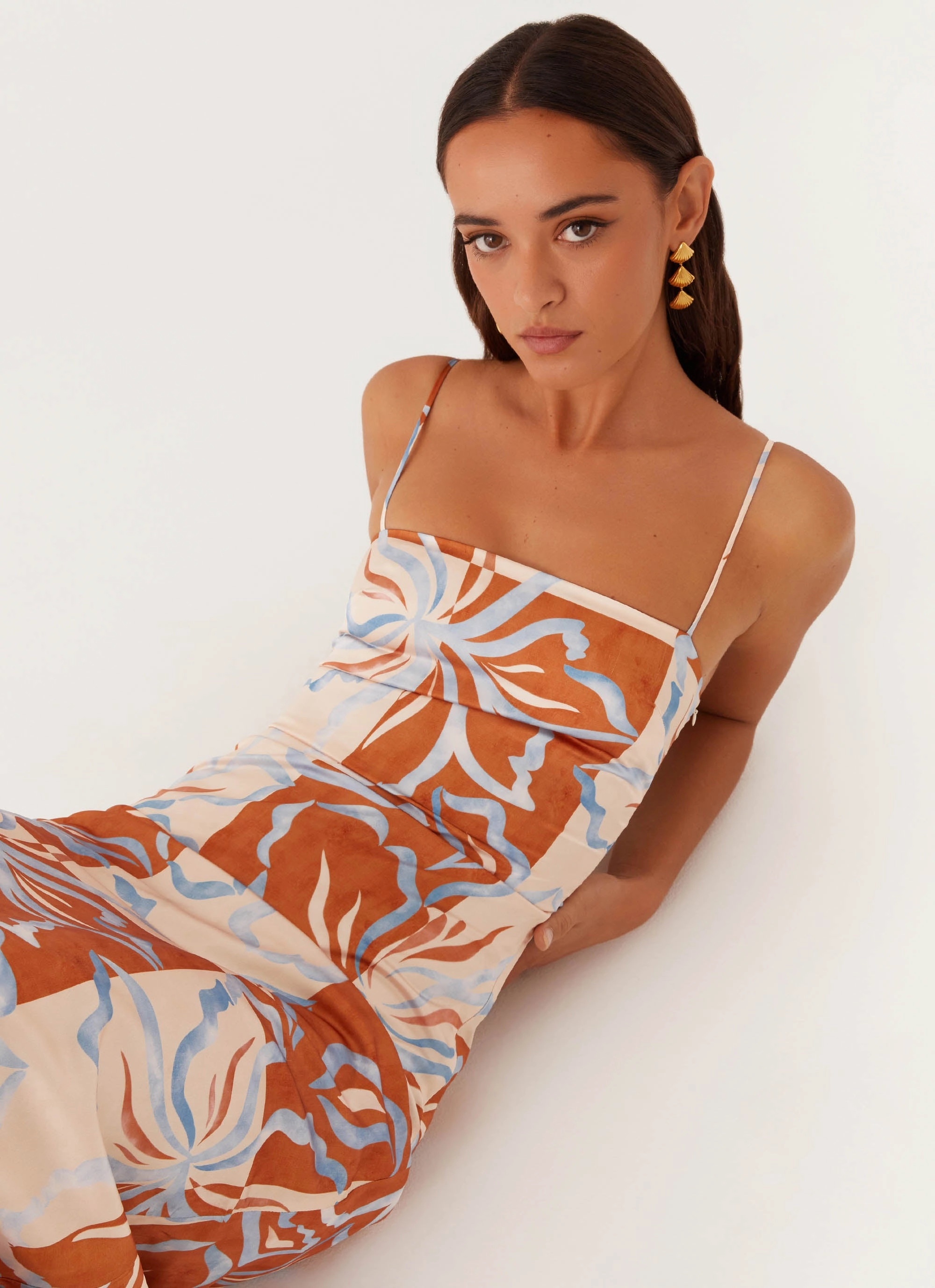 Aster Bloom Maxi Dress - Orange Blue Floral Luxe Mood Flattering Comfort Wear