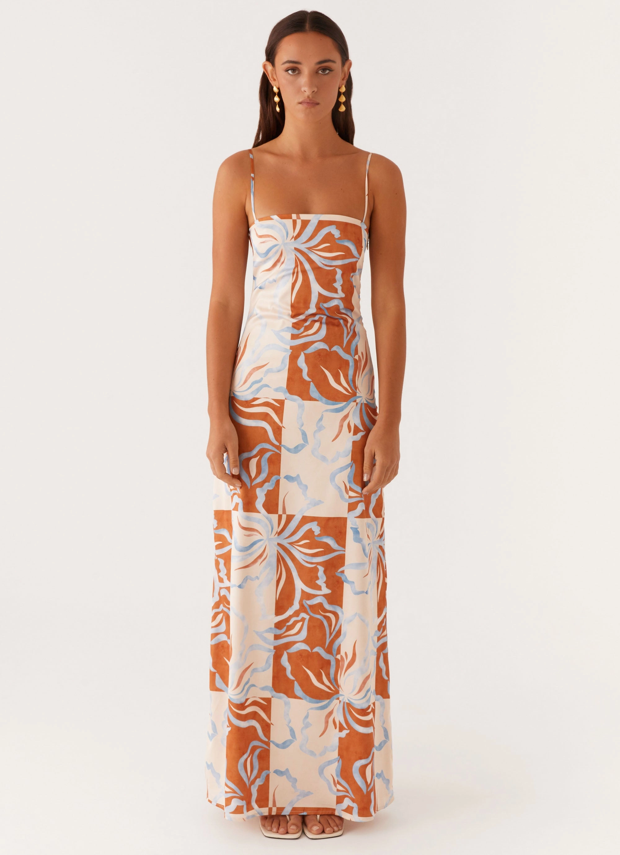 Earthy Hue Belt Waist Aster Bloom Maxi Dress - Orange Blue Floral