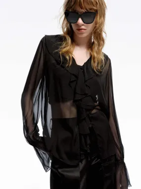 Ruffles Detail Silk Blouse Reinforced Hems