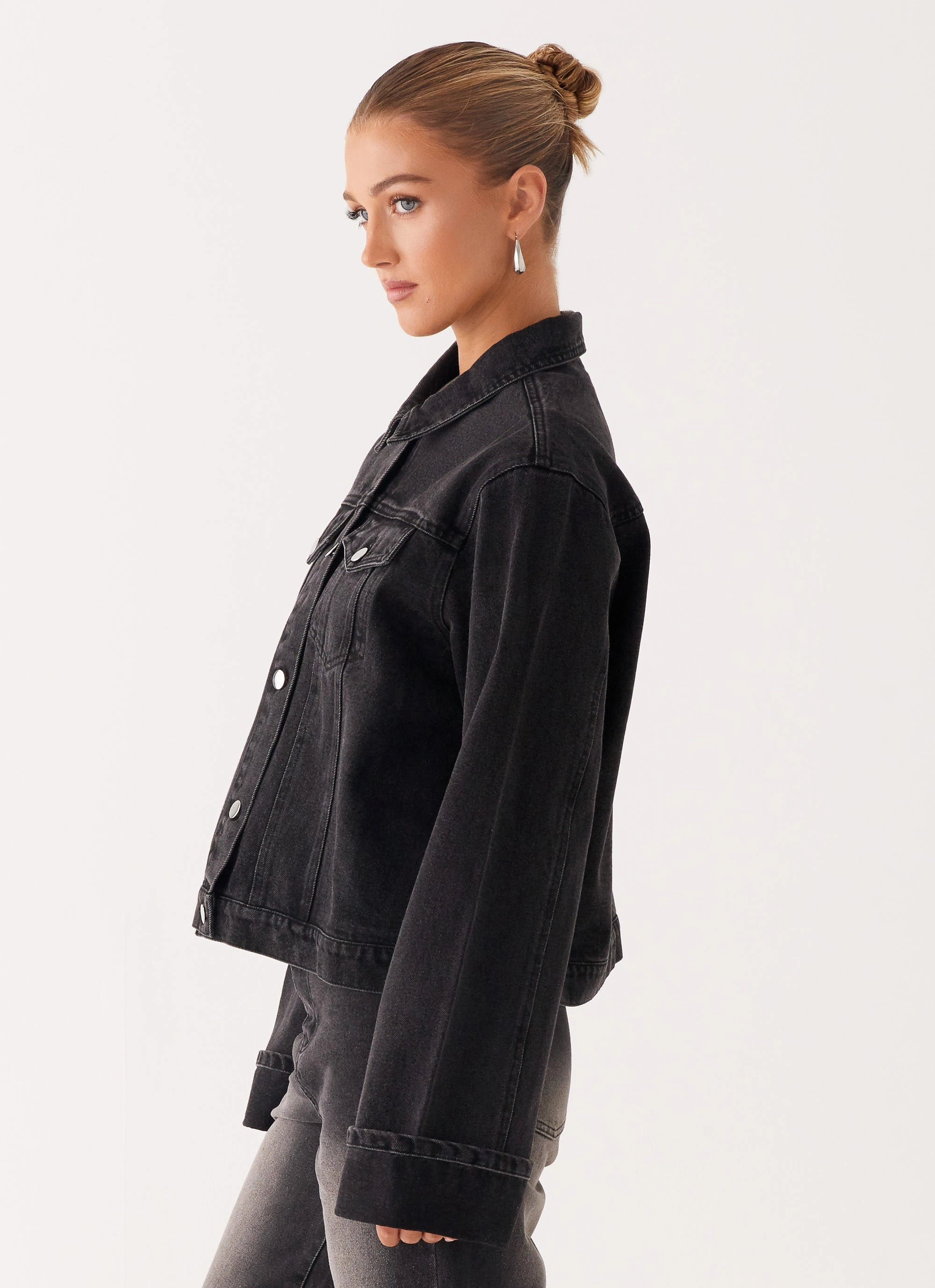 Back Again Oversized Denim Jacket - Charcoal Wash Fitted Design