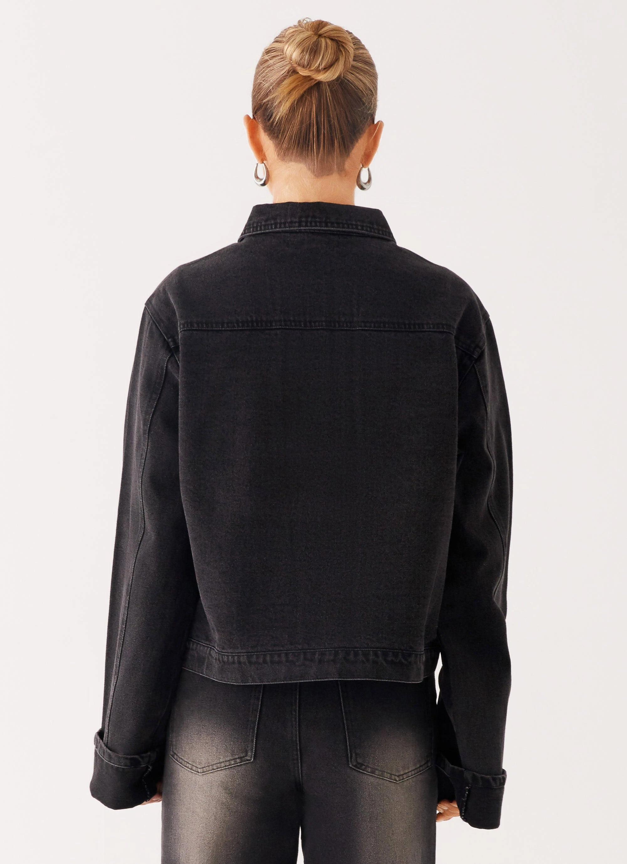 Back Again Oversized Denim Jacket - Charcoal Wash Side Slit