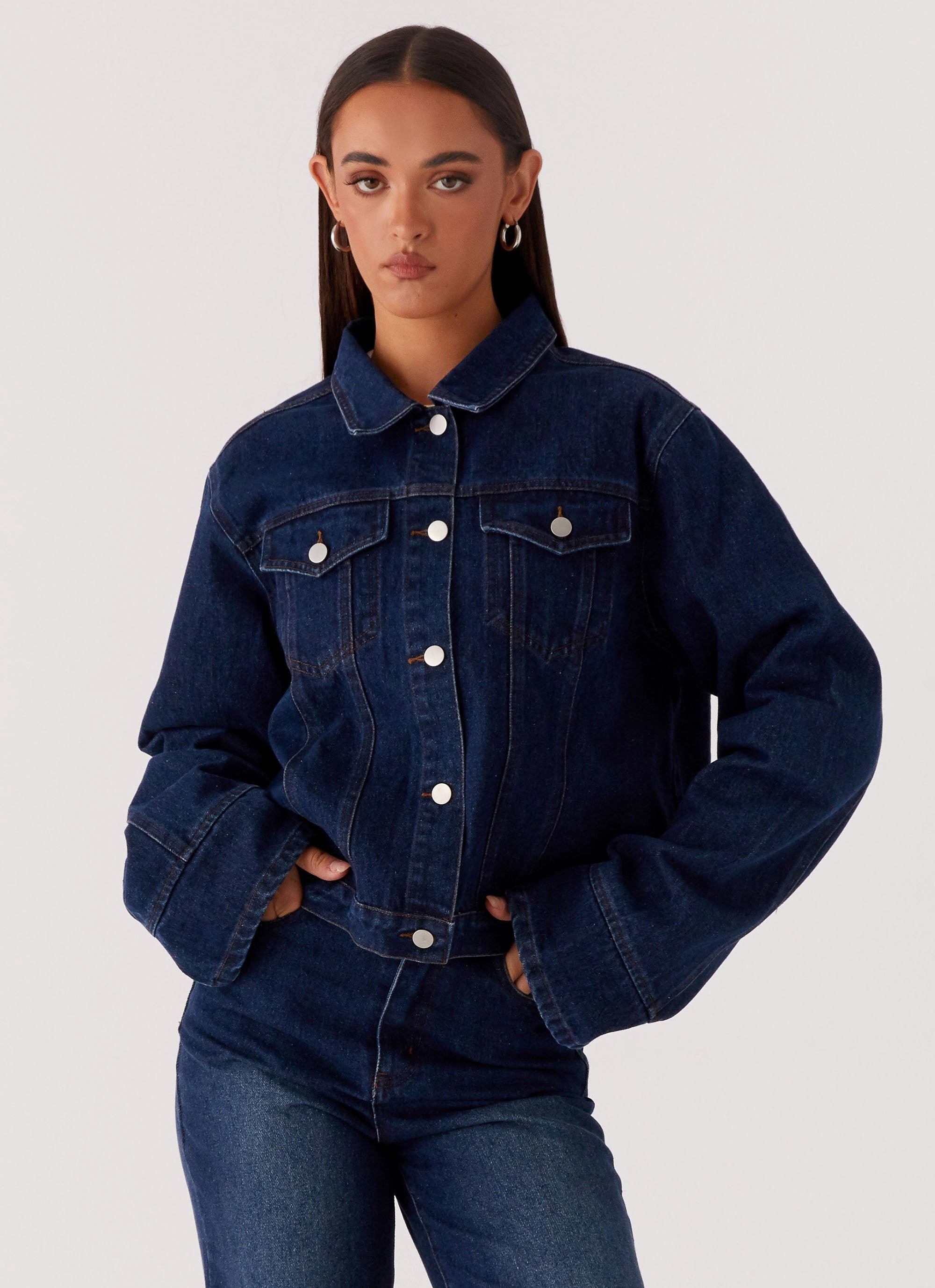 Draped Silhouette Back Again Oversized Denim Jacket - Vintage Blue