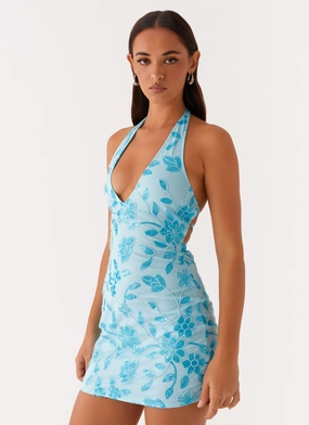 Merida Halterneck Beaded Mini Dress - Blue High Neck Empire Waist