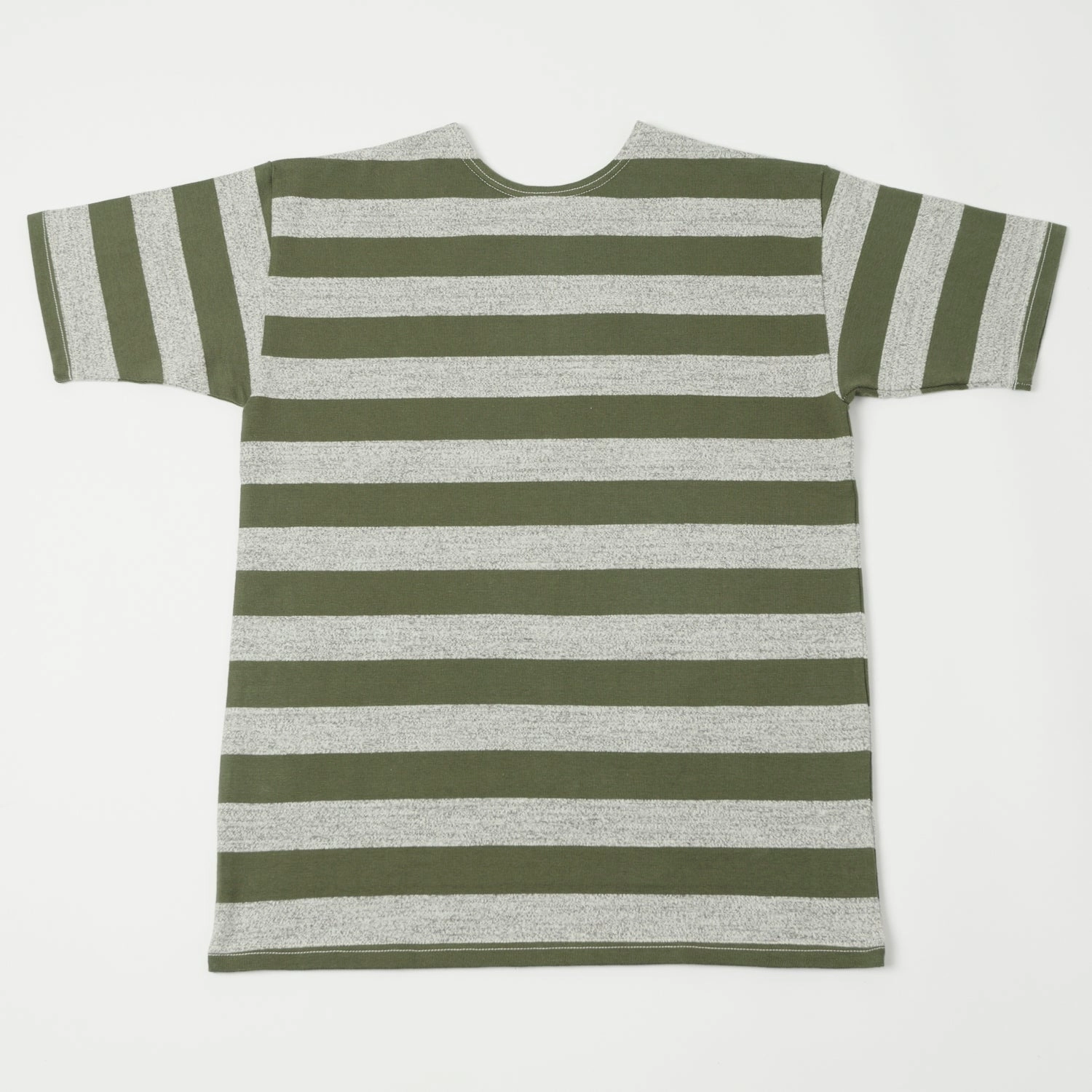 SeamlessConstruction Ultra Soft Blend Warehouse & Co 4050 Duck Digger Border Stripe T-Shirt - Olive Green/Heather Grey