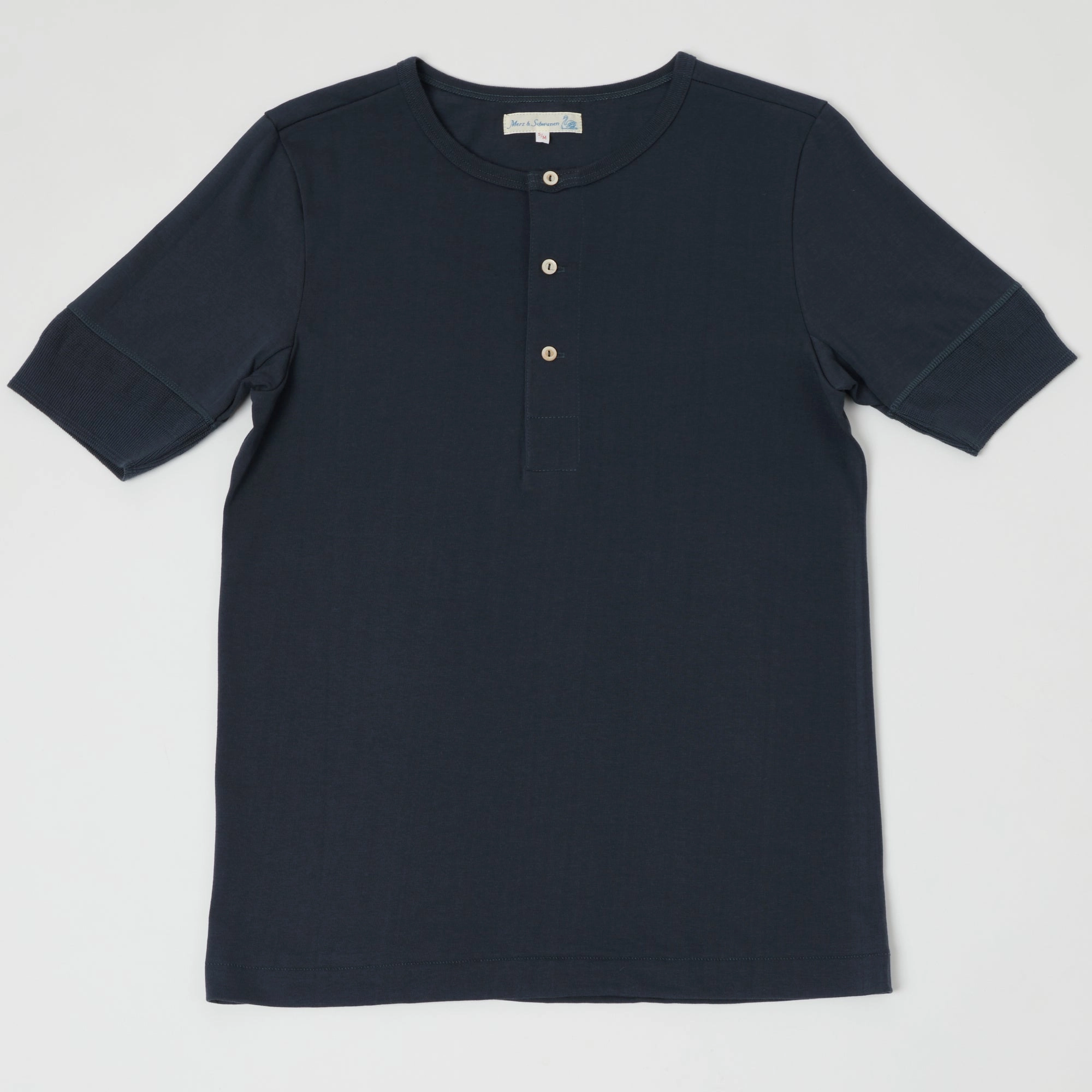 Ribbed Collar Trim Merz b. Schwanen 207 Short Sleeve Henley - Navy