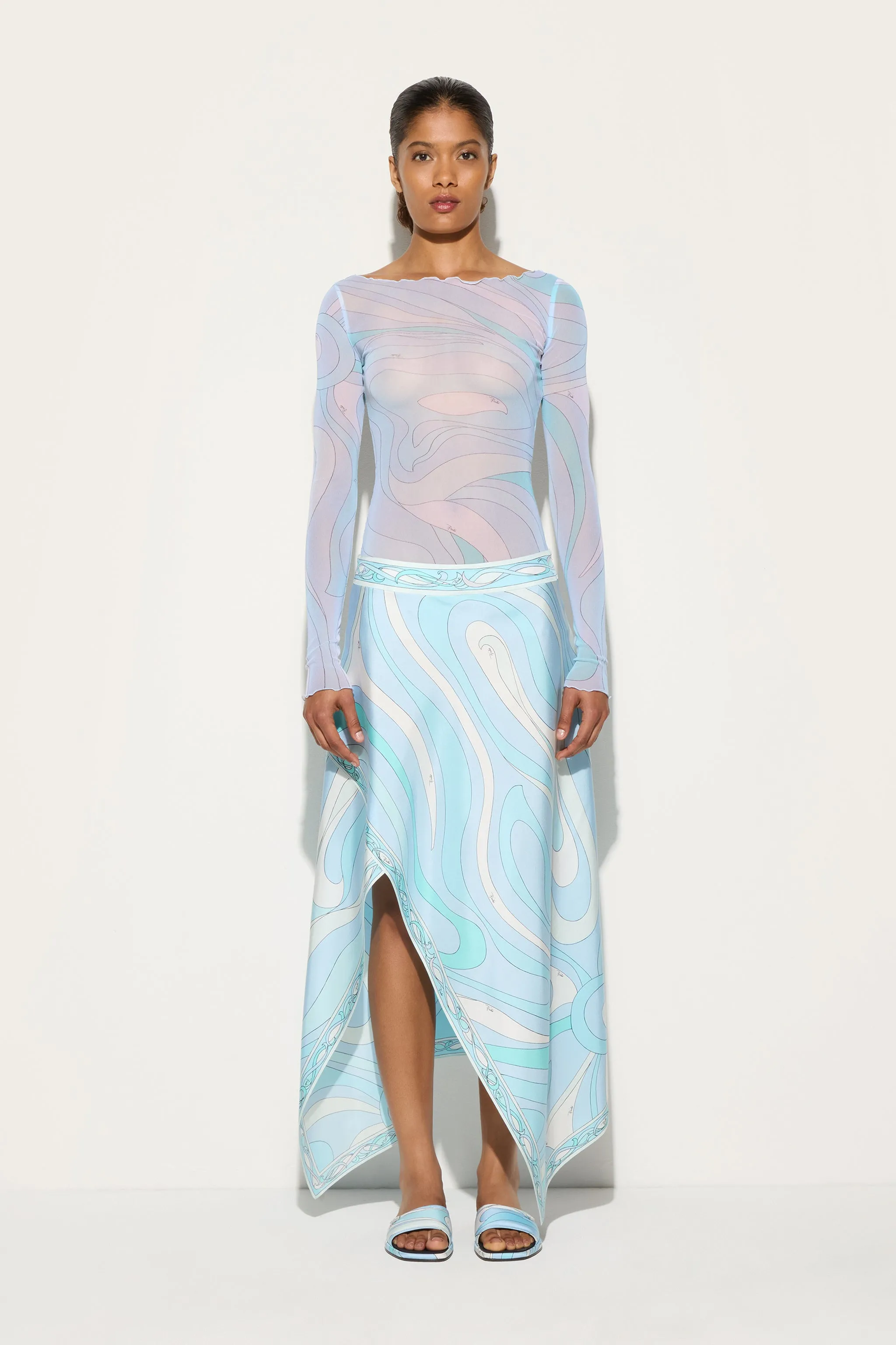 Waffle Weave Printed Pattern Tulle Top with Boat Neck