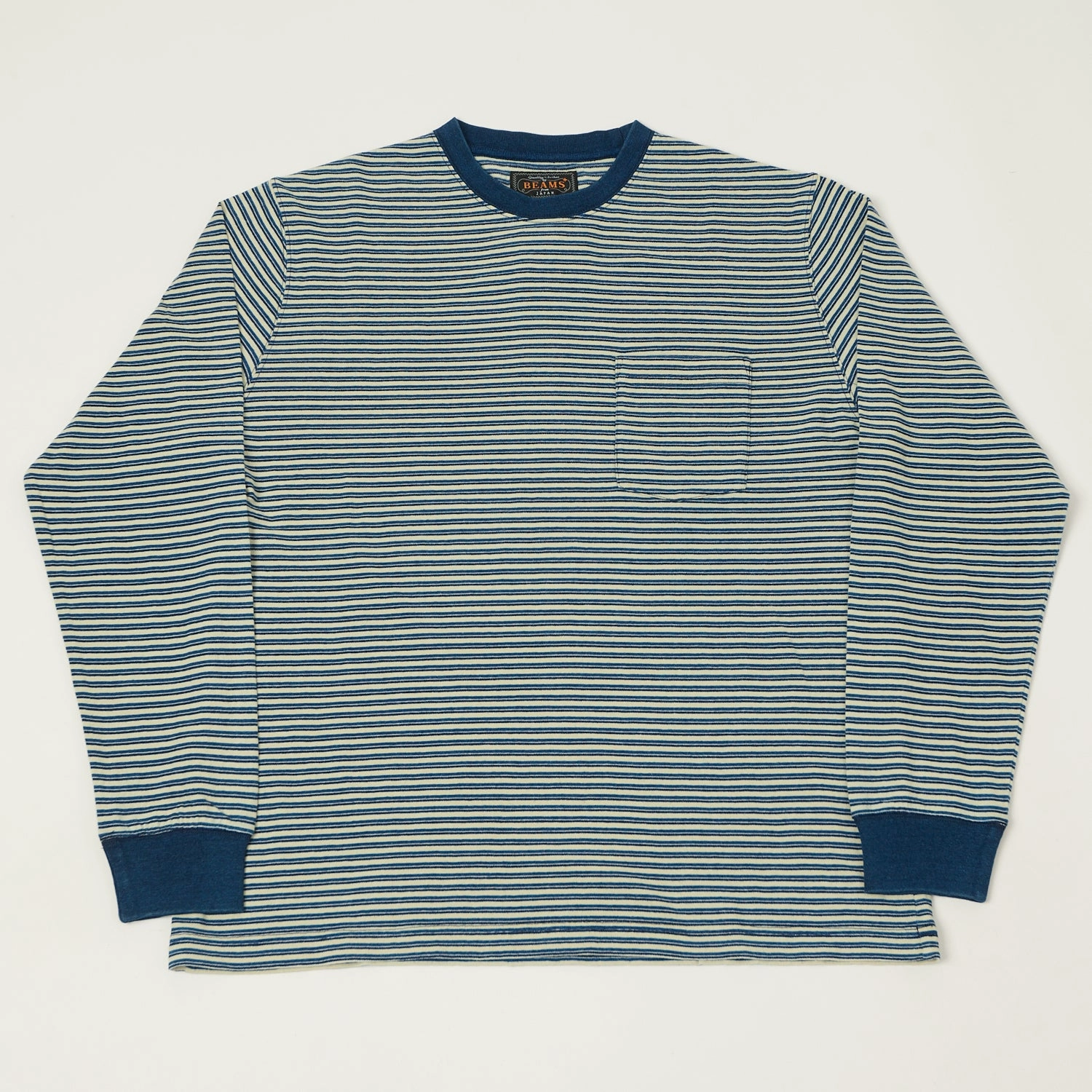 Wrinkle Resistant Fun and Relaxed Beams Plus Long Sleeve Stripe Pocket T-Shirt - Indigo/Off White