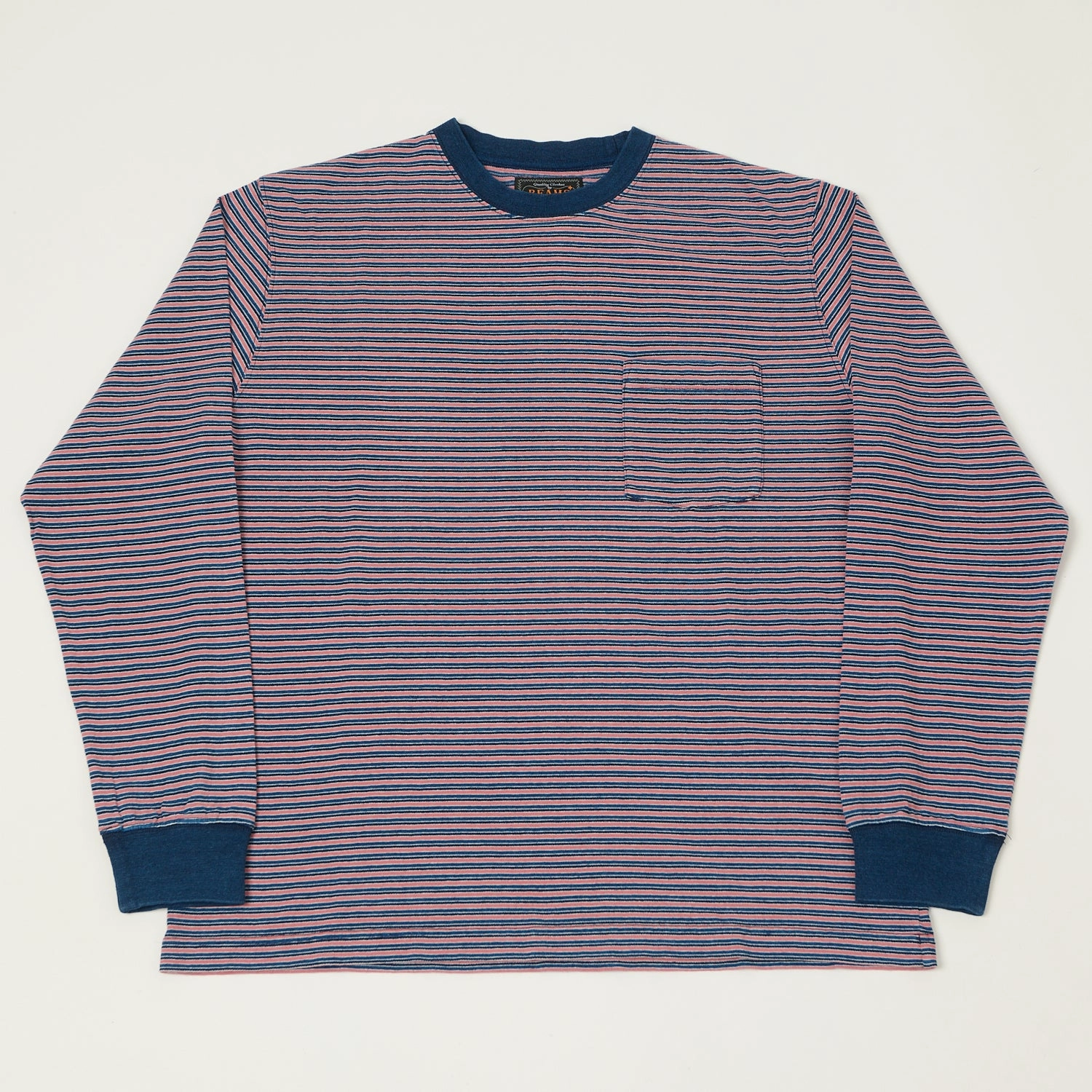 Relaxed Comfort Wear Beams Plus Long Sleeve Stripe Pocket T-Shirt - Indigo/Red