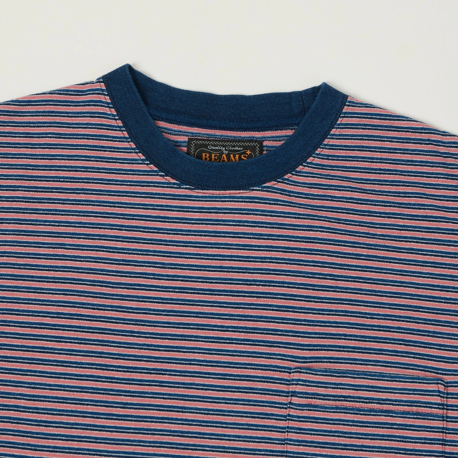 Versatile Comfort Wear Beams Plus Long Sleeve Stripe Pocket T-Shirt - Indigo/Red