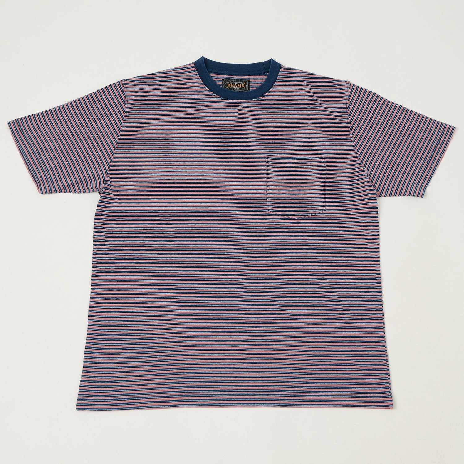 Beams Plus Stripe Pocket T-Shirt - Indigo/Red Cozy Wearable Organic Cotton Construction