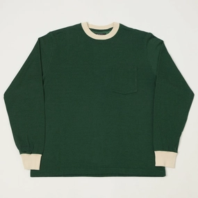 Beams Plus Two Tone Rayon Long Sleeve Pocket T-Shirt - Green Sustainable Dye Process Versatile Layering Piece