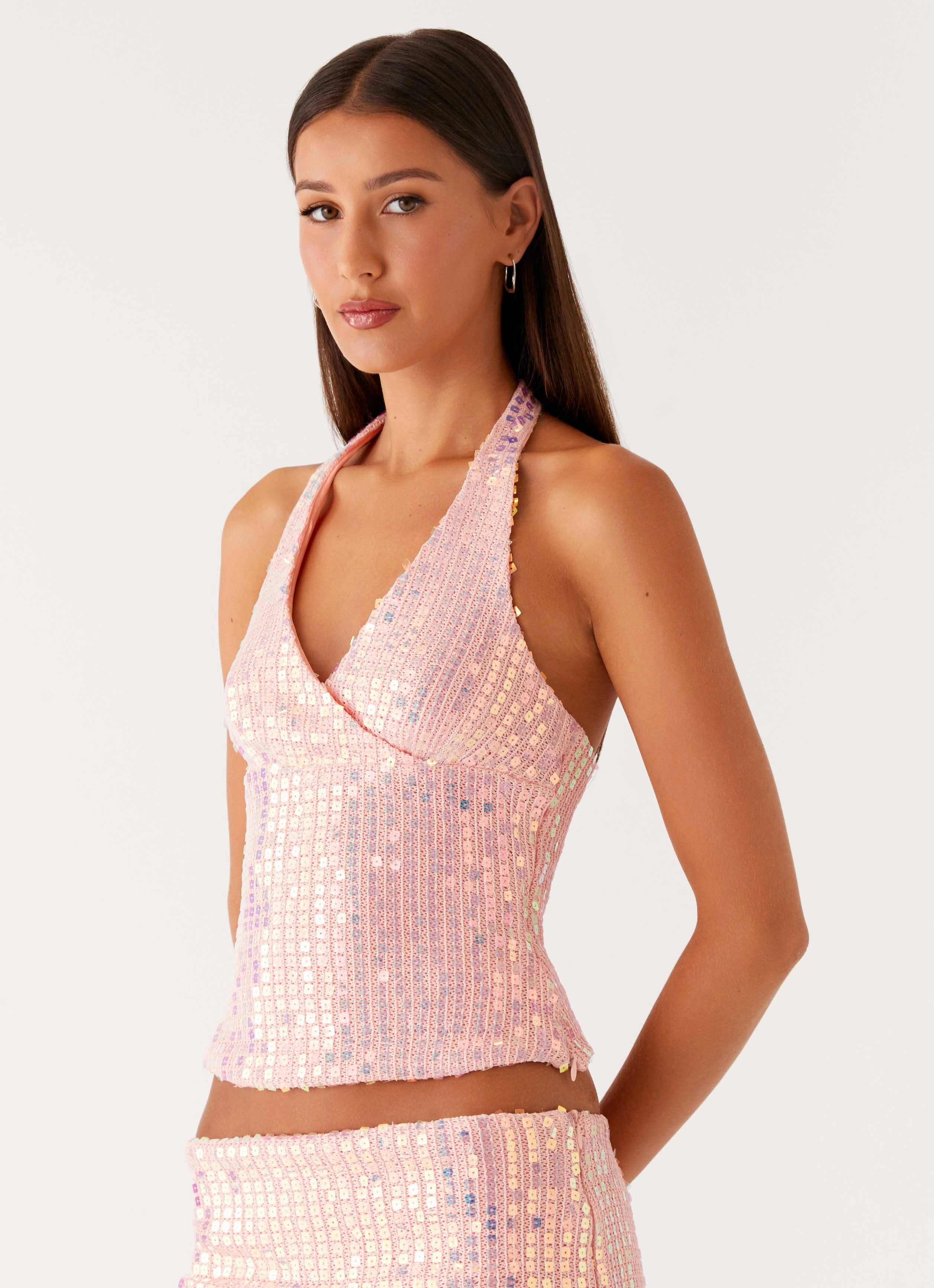 Been That Girl Halter Knit Sequin Top - Iridescent Pink Side Tie Relaxed fit wear