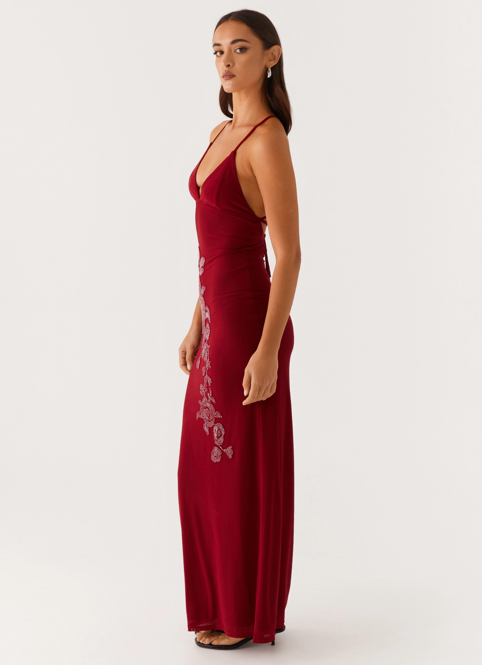 Beki Beaded Mesh Maxi Dress - Deep Red Cozy Wear Classic and Modern